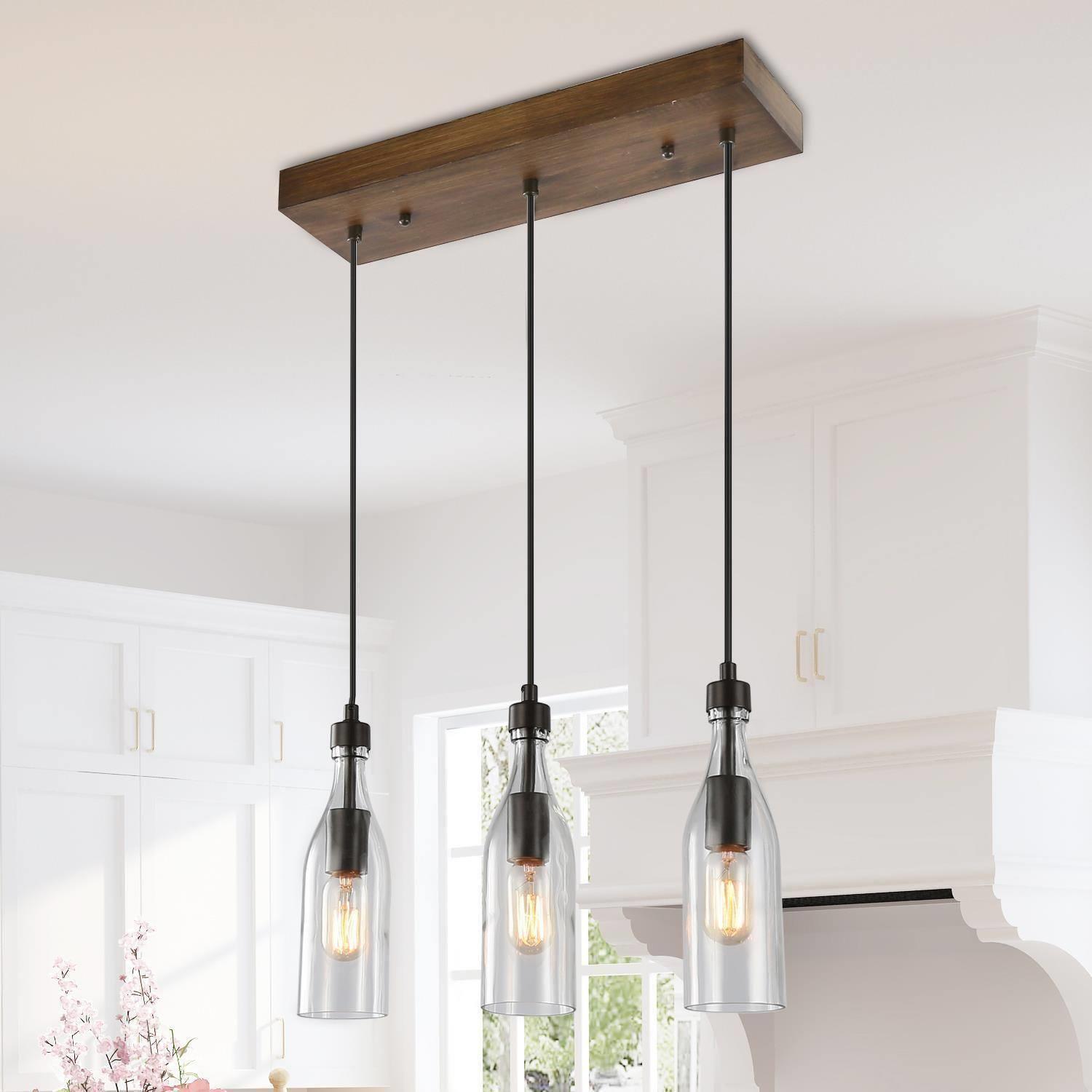 LNC IQMYNALWS349106 Fillia wood 3 -Light Distressed Wood and Dark Brown Farmhouse Clear glass Linear Medium Hanging Kitchen island light
