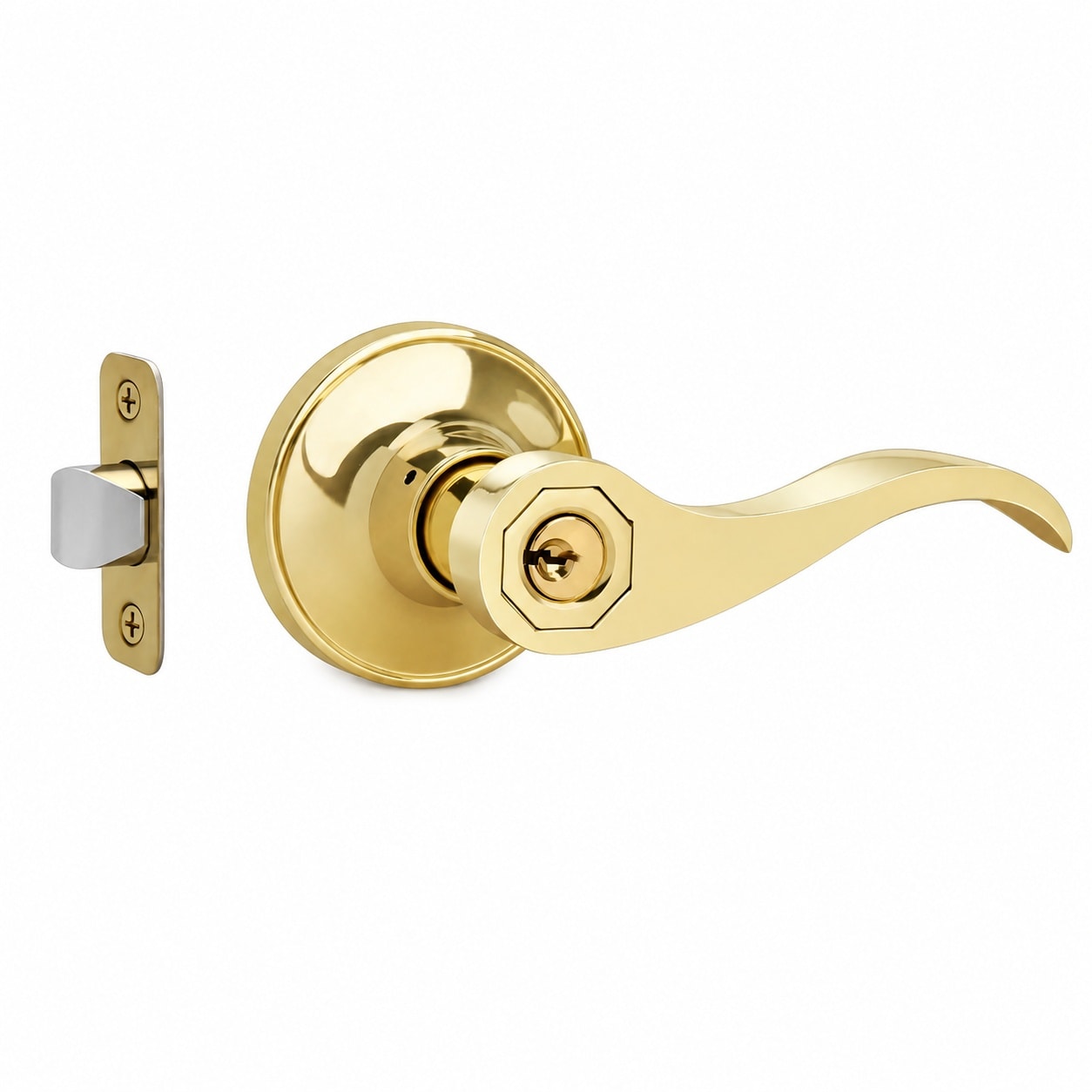 Aoibox  Polished Brass Wave Style Keyed Entry Door Lever Reversible Handle for Front or Entrance Doors