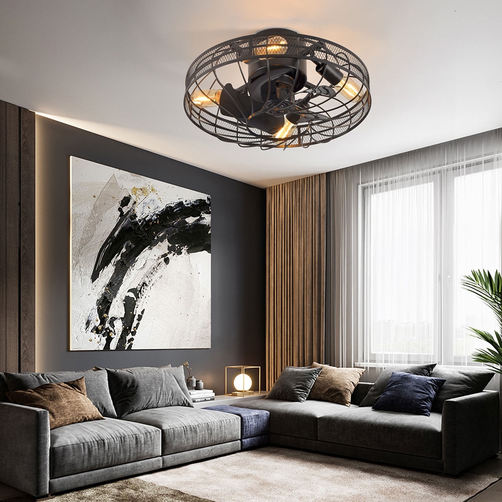 Oukaning HG-HCX7106-455US 20-in Flush Mount Industrial Style Black Timing with ABS Blades Fandelier Ceiling Fan Light Kit Compatible - Remote Included ( 5 -Blade )