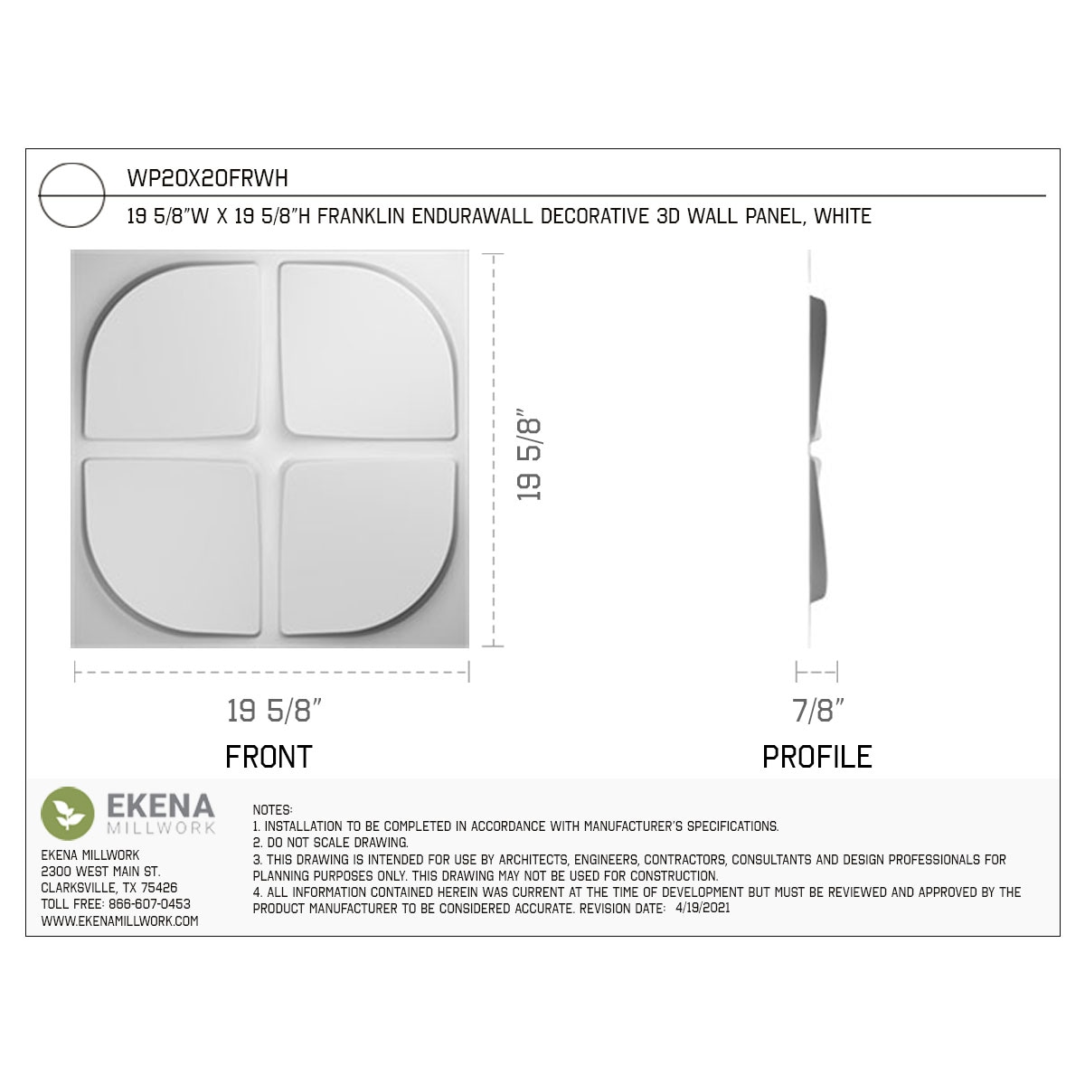 Ekena Millwork WP20X20FRWH-CASE-10 Wall-Panels - View #2