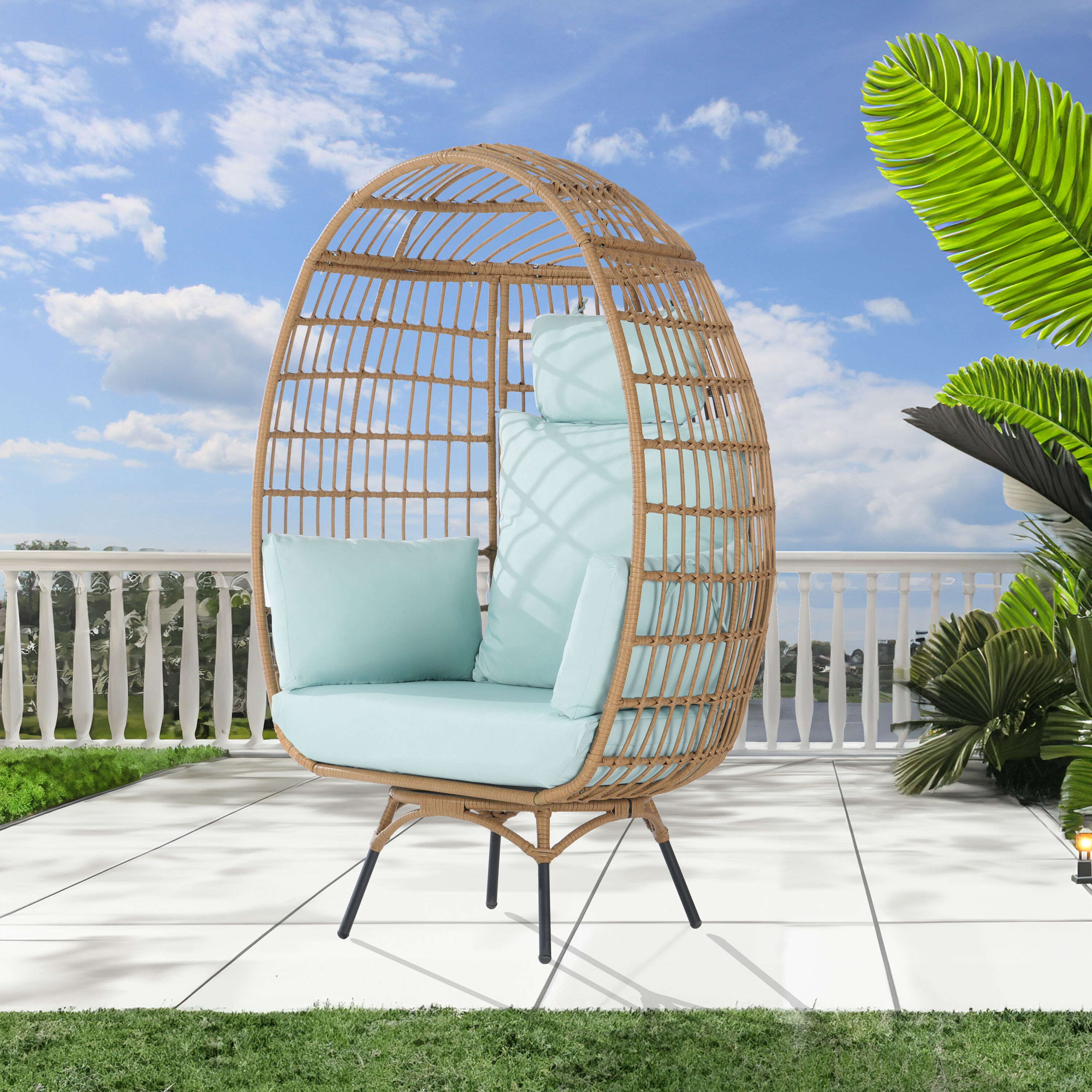 SANSTAR L-JDC54TFV1 Patio Chairs Wicker Brown Wicker Frame Swivel Egg Chair with Blue Cushioned Seat