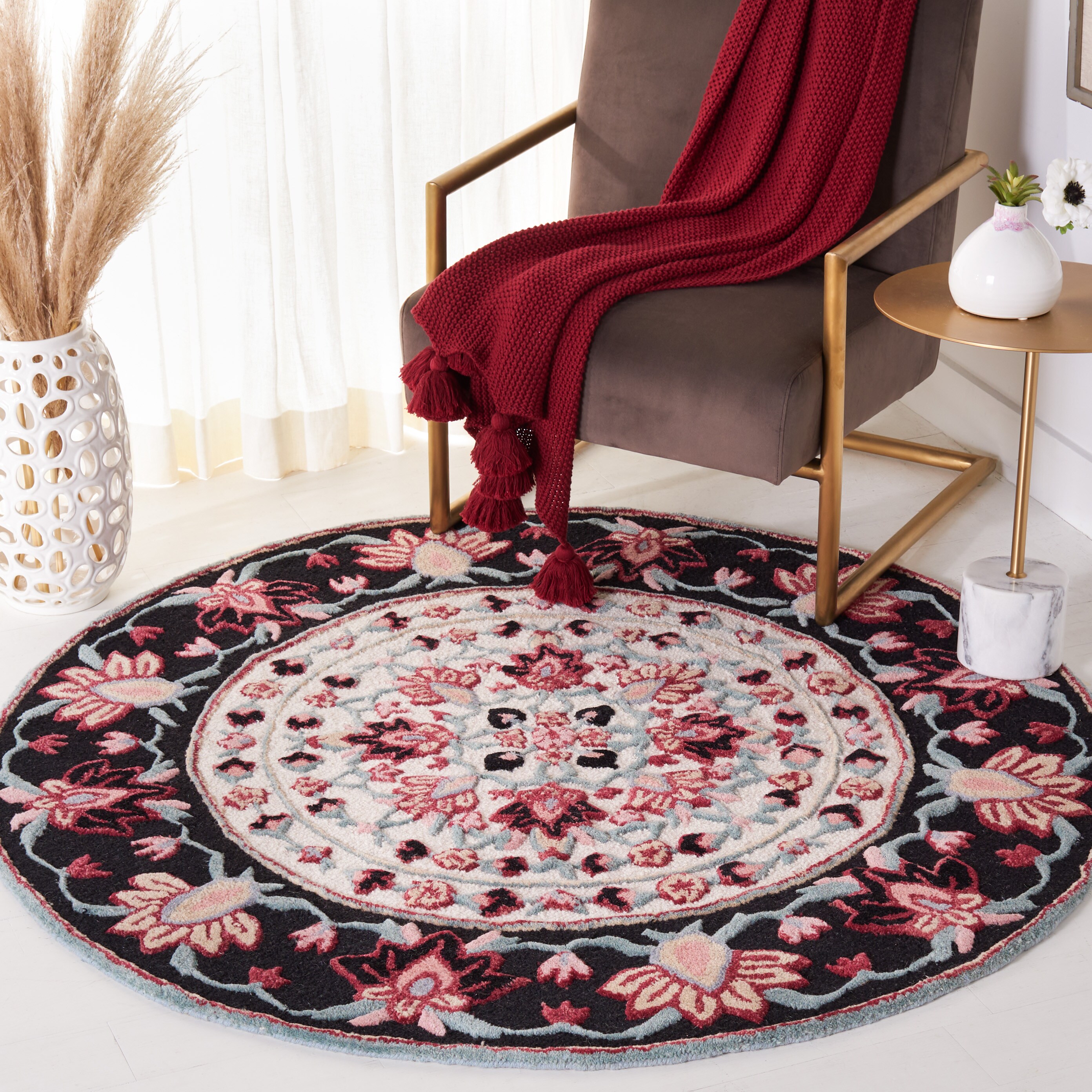  Bellagio 601 Black/Ivory Traditional 5ft x 5ft Round Rug