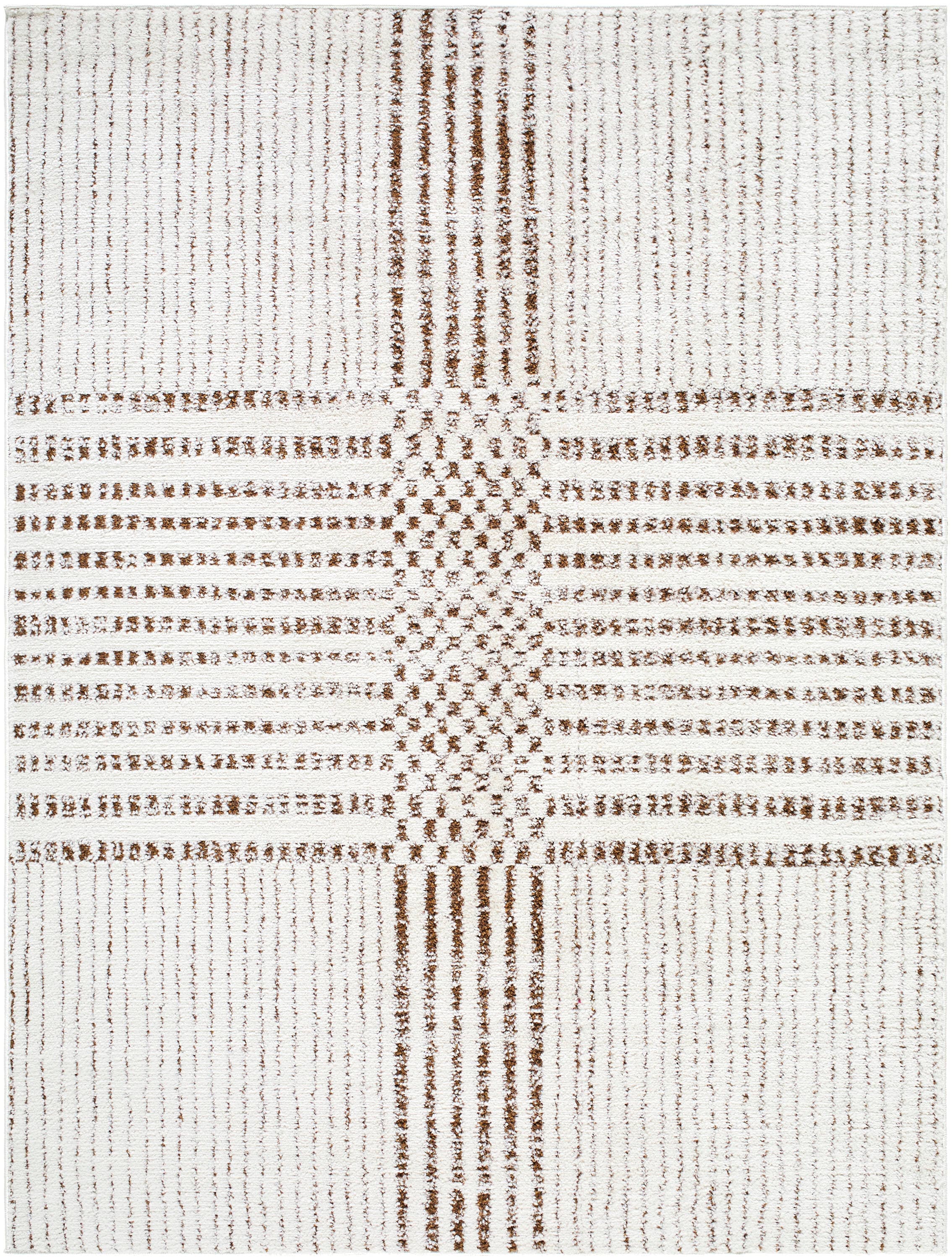 Ivory and Dark Brown Geometric Polyester Area Rug, 6'7" x 9'