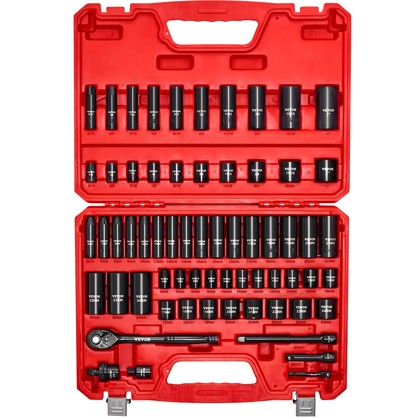 VEVOR 3/8 in Drive Impact Socket Set 64 Piece 6 Point Deep and Shallow Impact Sockets SAE (5/16 in to 1 in) and Metric (6 to 24 mm) Sizes with 3 in and 6 in Extension Bars Cr-V Steel Carrying Case