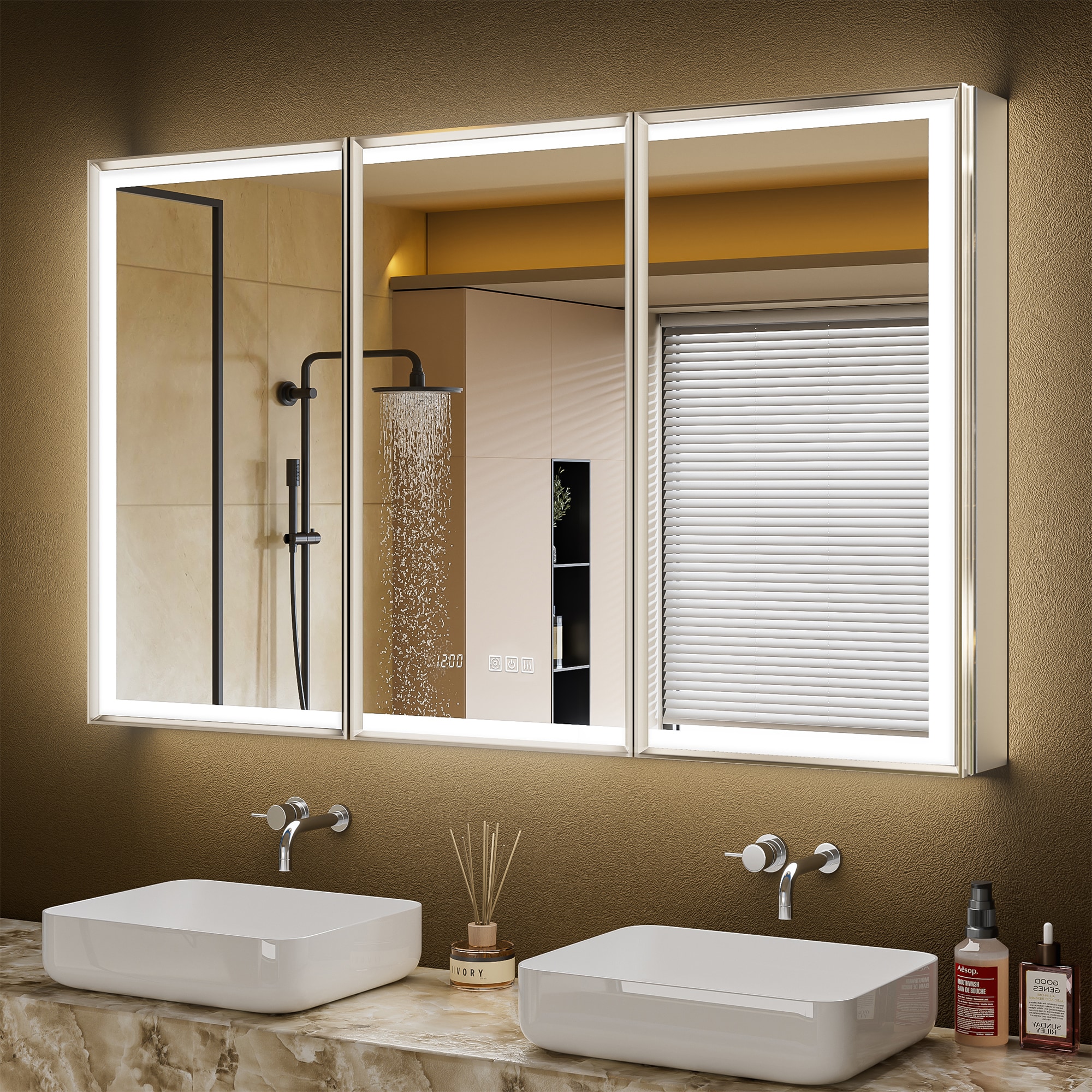 QueenFun Nova 48-in x 30-in Lighted LED Fog Free Surface/Recessed Mount Brushed Nickel Mirrored Rectangle Soft Close Medicine Cabinet