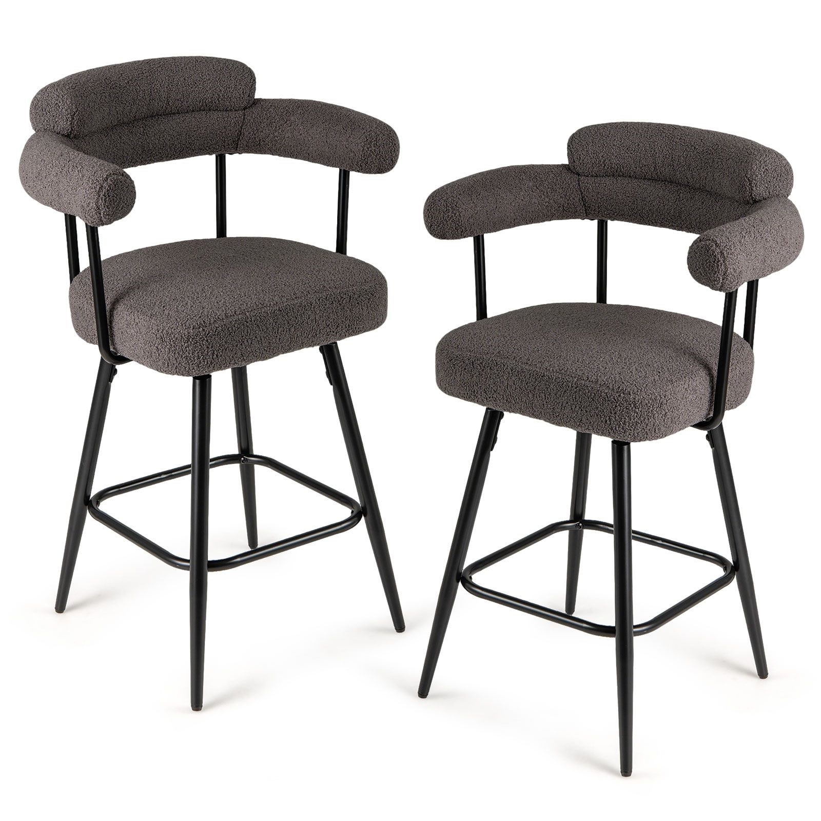 Slickblue - Modern Set of 2 White/Gray Upholstered Bar Stool with Curved Arms Backrest Footrest a...