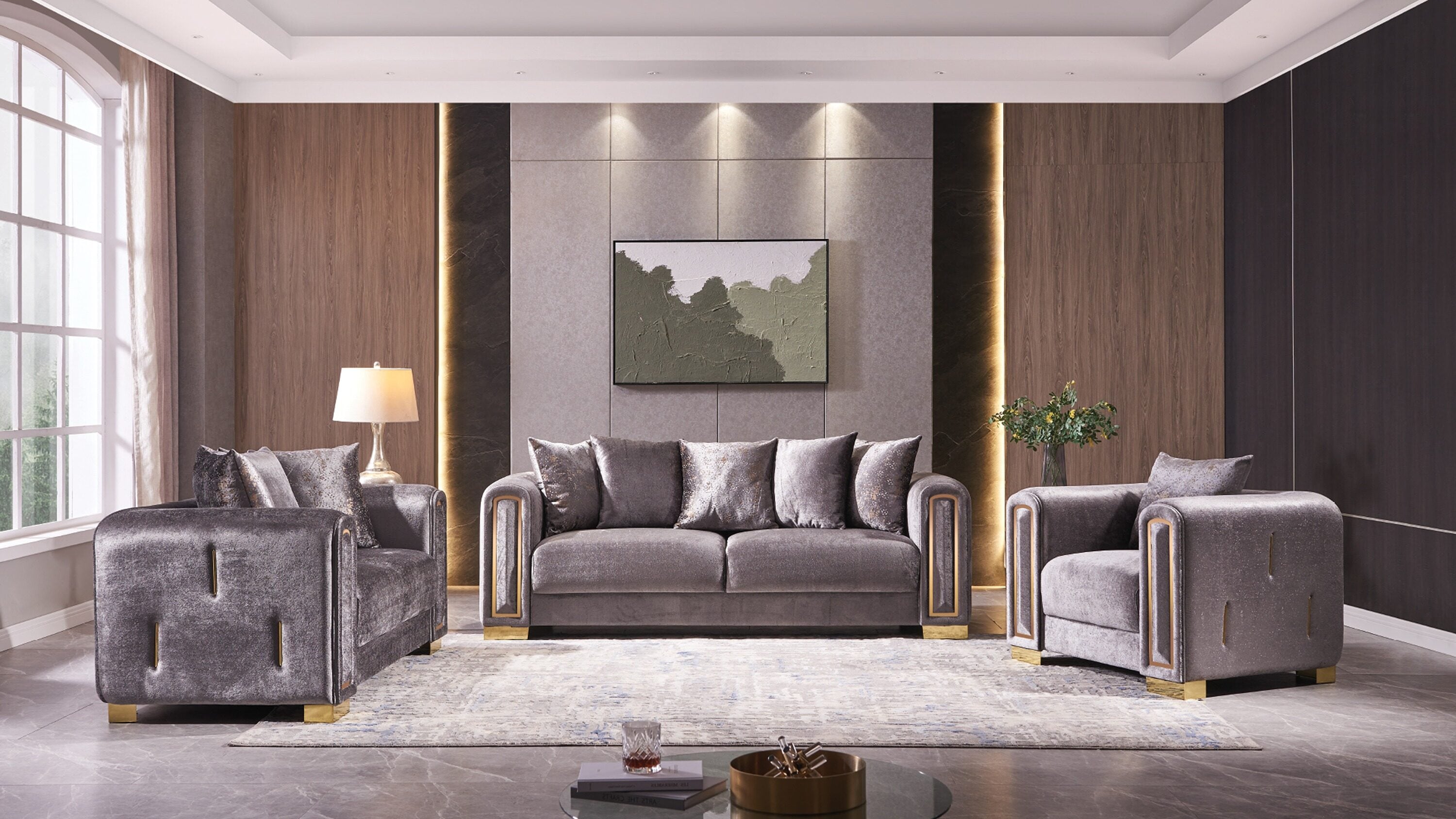 Galaxy 601955550673 Impreza Modern 3 -Piece Velvet Silver Living Room Set