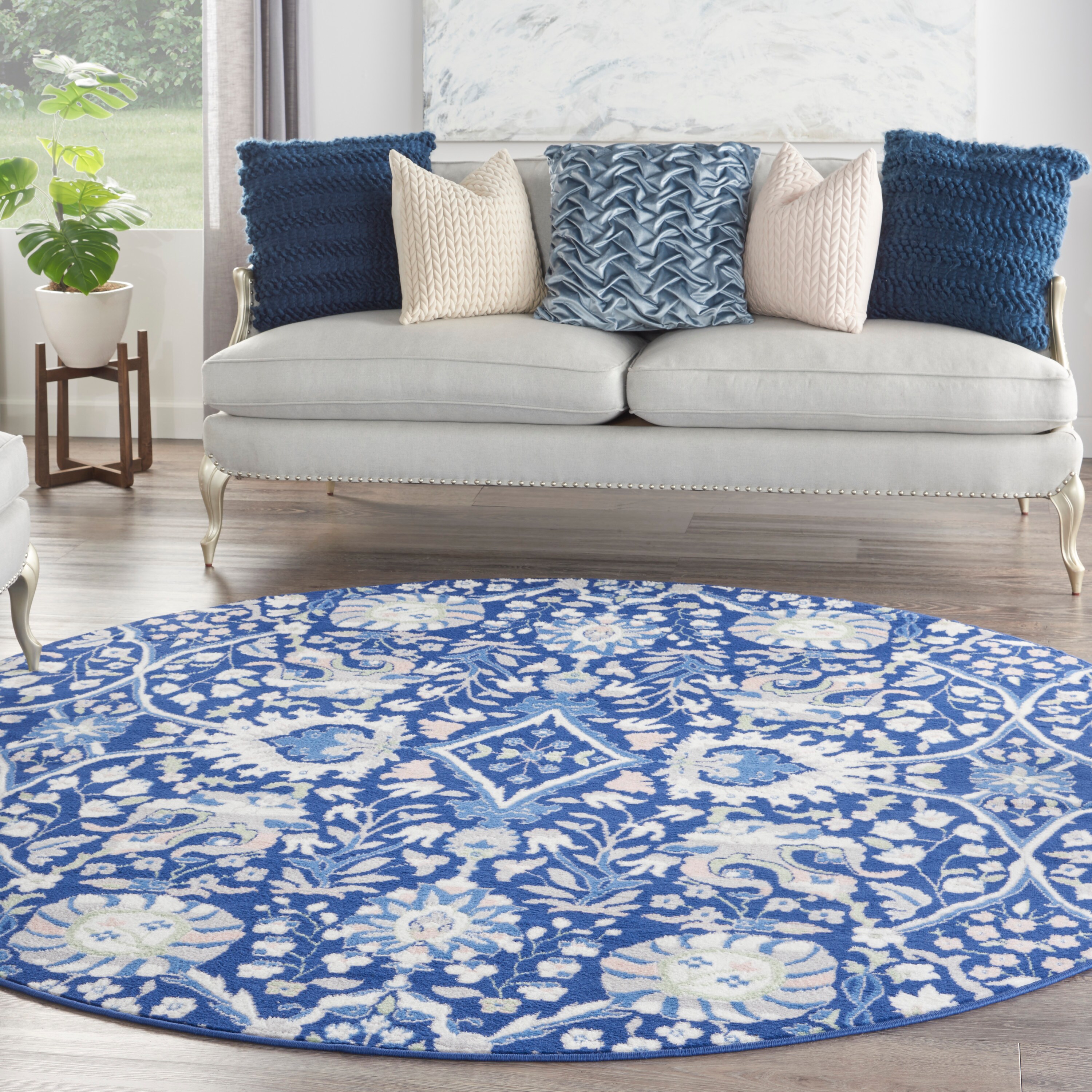 Navy Multicolor Floral Round 8' Synthetic Area Rug