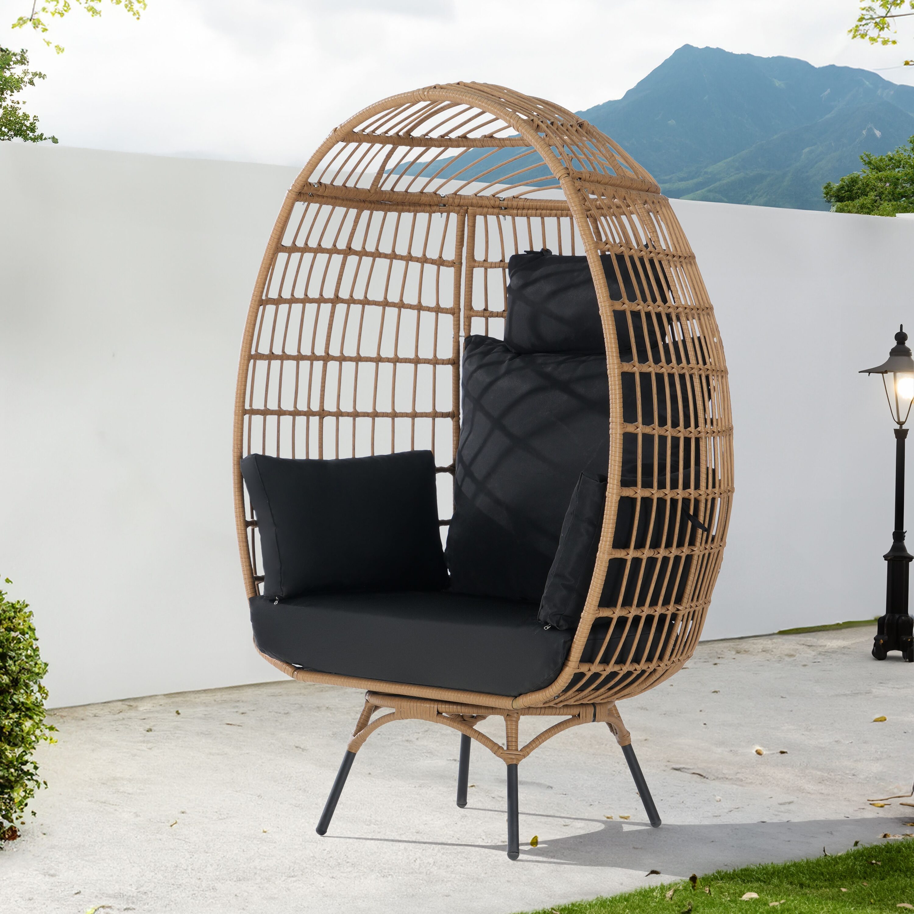 SANSTAR L-RJDC56BK Patio Chairs Wicker Brown Metal Frame Swivel Egg Chair with Black 220gsm Polyester Cushioned Seat