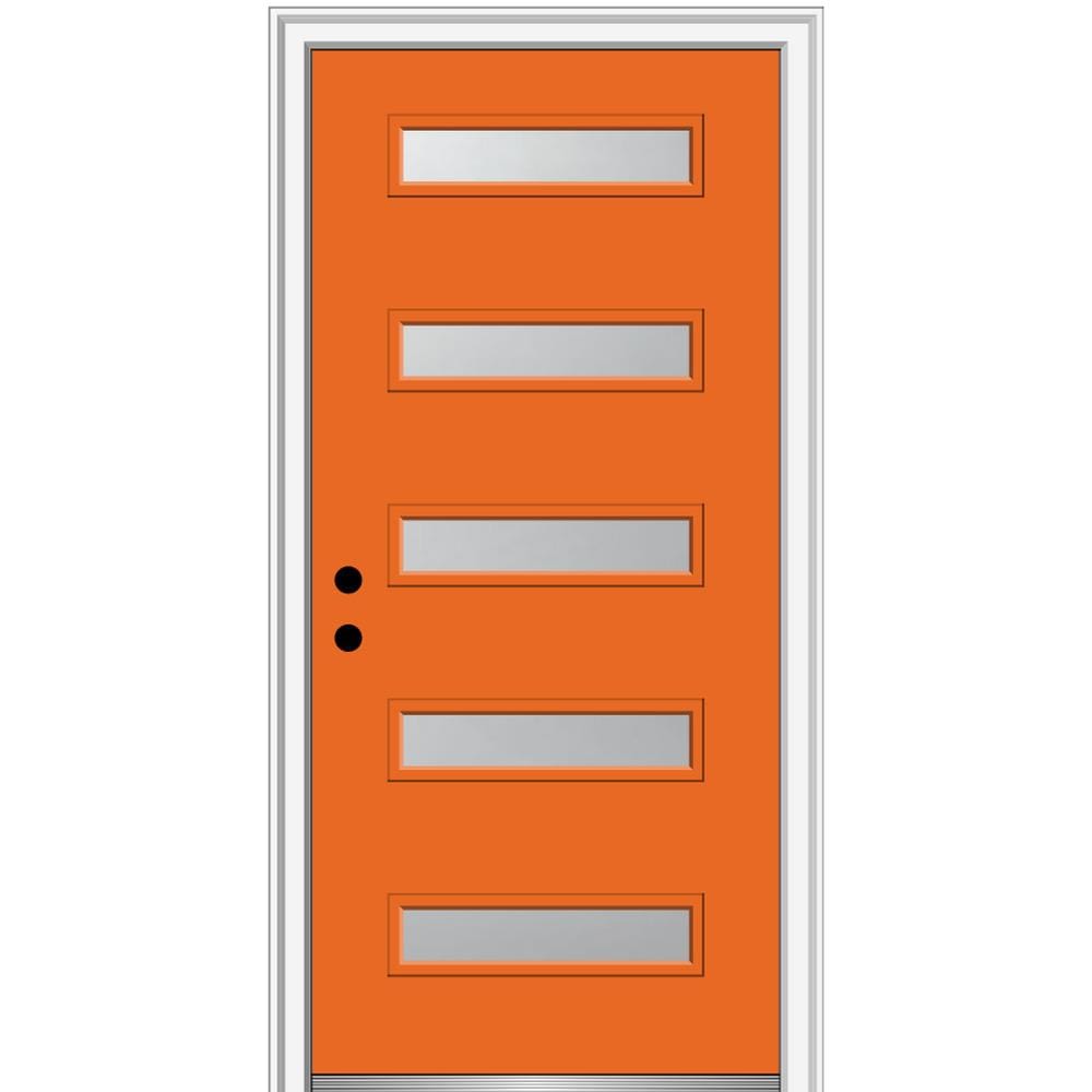 MMI DOOR ZZ350458R Spotlights 36-in x 80-in x 6-9/16-in Fiberglass Pulse lite Right-hand inswing Tangerine Painted Prehung Front Door with Brickmould Insulating core