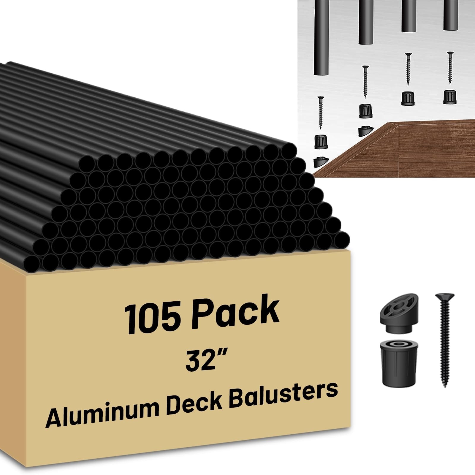 Etokfoks  105 Pack 32 in Round Aluminum Balusters Kit 3 4 in Dia Black Includes Connectors and Screws for Deck Railing