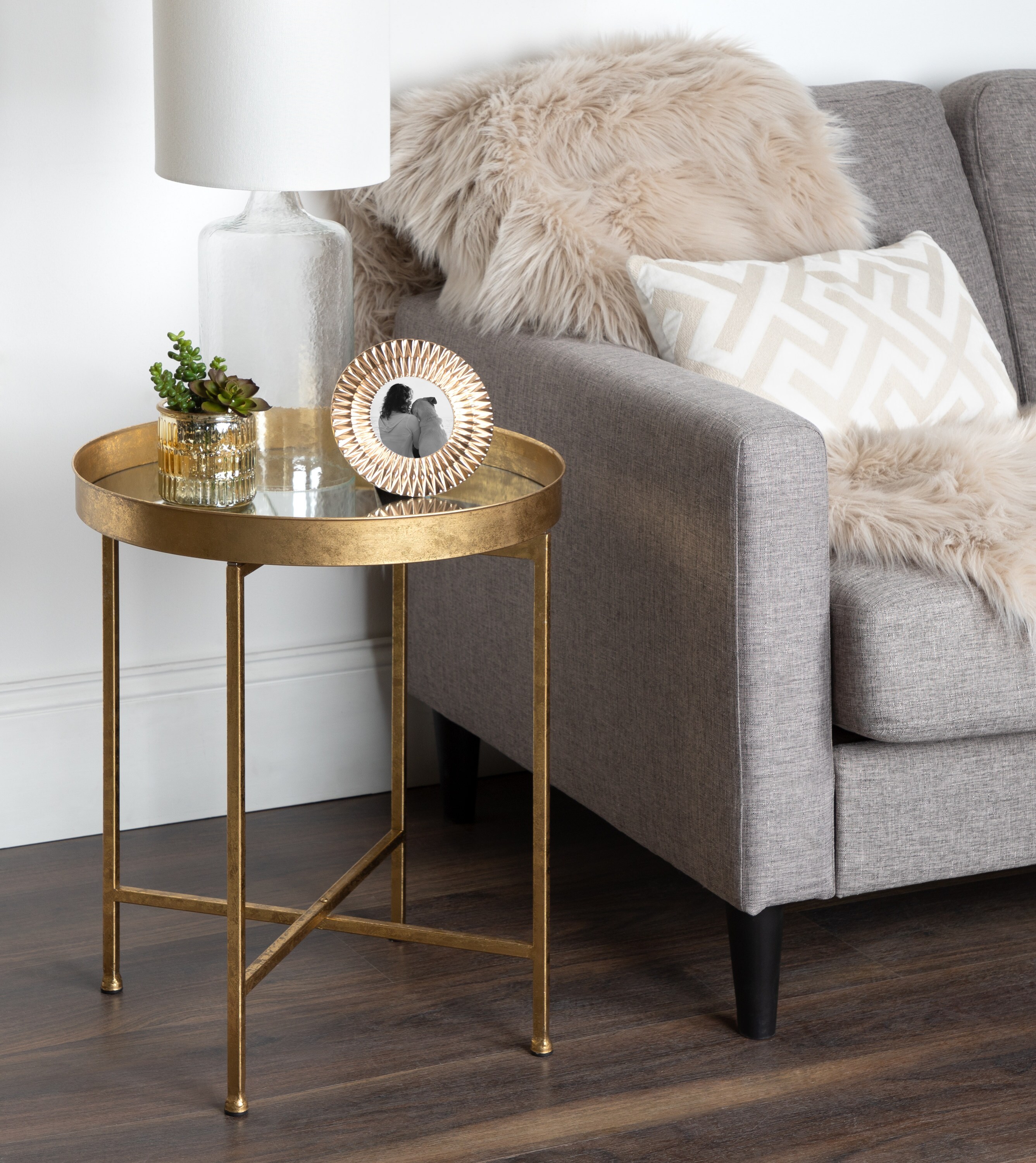 Celia Round Gold Metal Side Table with Mirrored Glass Top