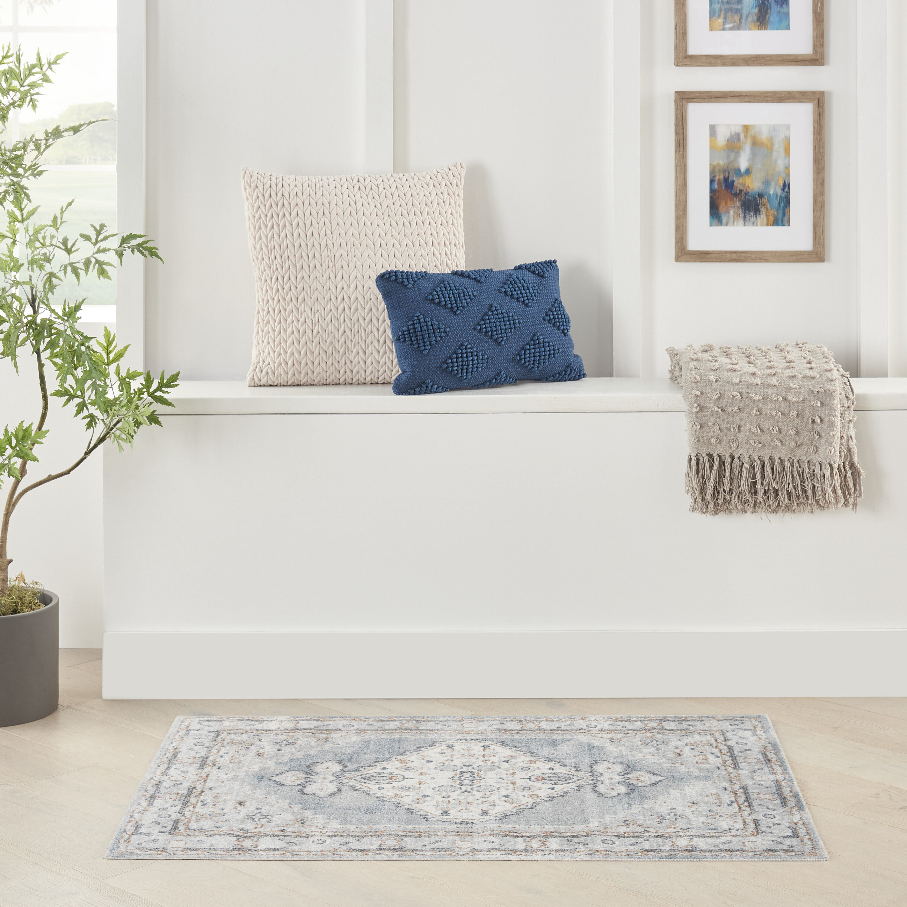 Nourison 099446124692 Astra Machine Washable 4 x 6 (ft) Loomed Polyester Light Blue Rectangular Indoor Distressed/Overdyed Vintage Machine washable Area rug