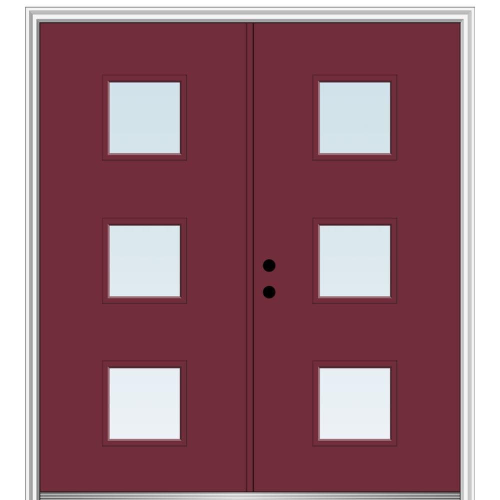 MMI DOOR ZZ346140R Spotlights 64-in x 80-in x 4-9/16-in Fiberglass Pulse lite Right-hand inswing Burgundy Painted Prehung Double Front Door with Brickmould Insulating core