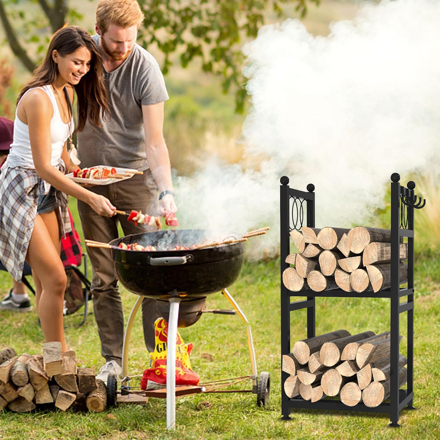 Rbied AD-03 2 Tiers Indoor Firewood Rack with 3 Hooks