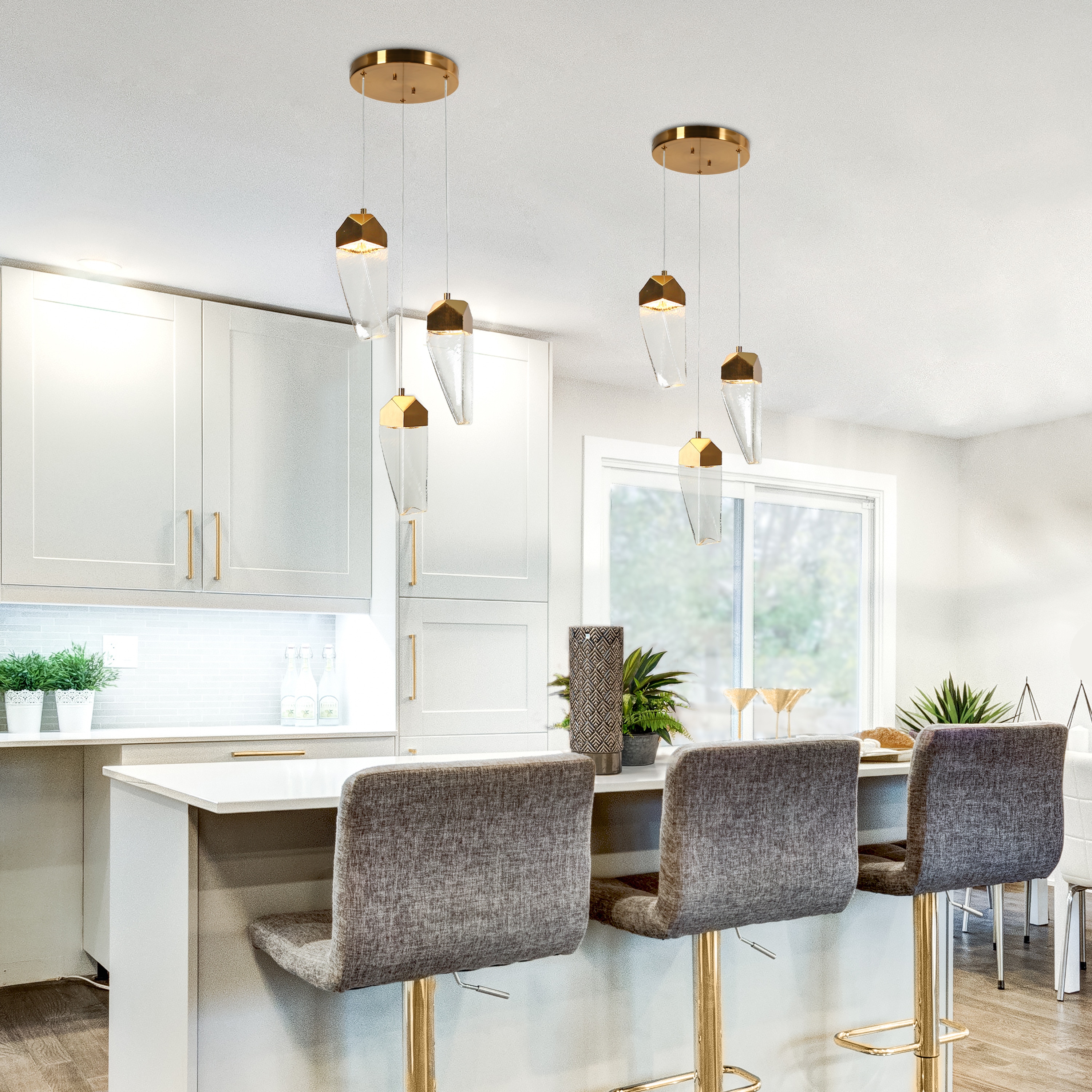 Polished Gold Brass and Crystal 3-Light LED Pendant Chandelier