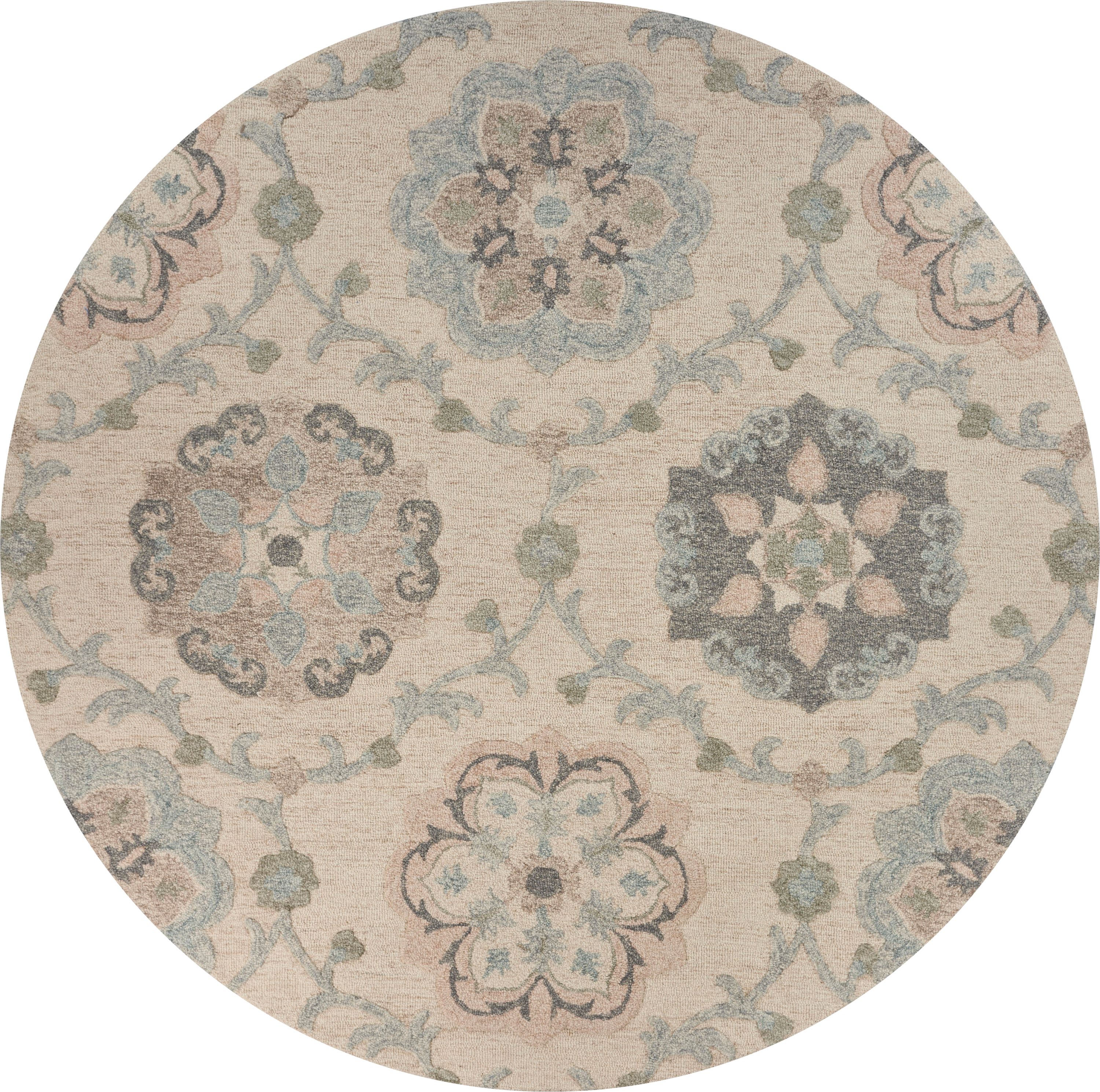 Ivory and Light Blue Round Floral Wool Area Rug