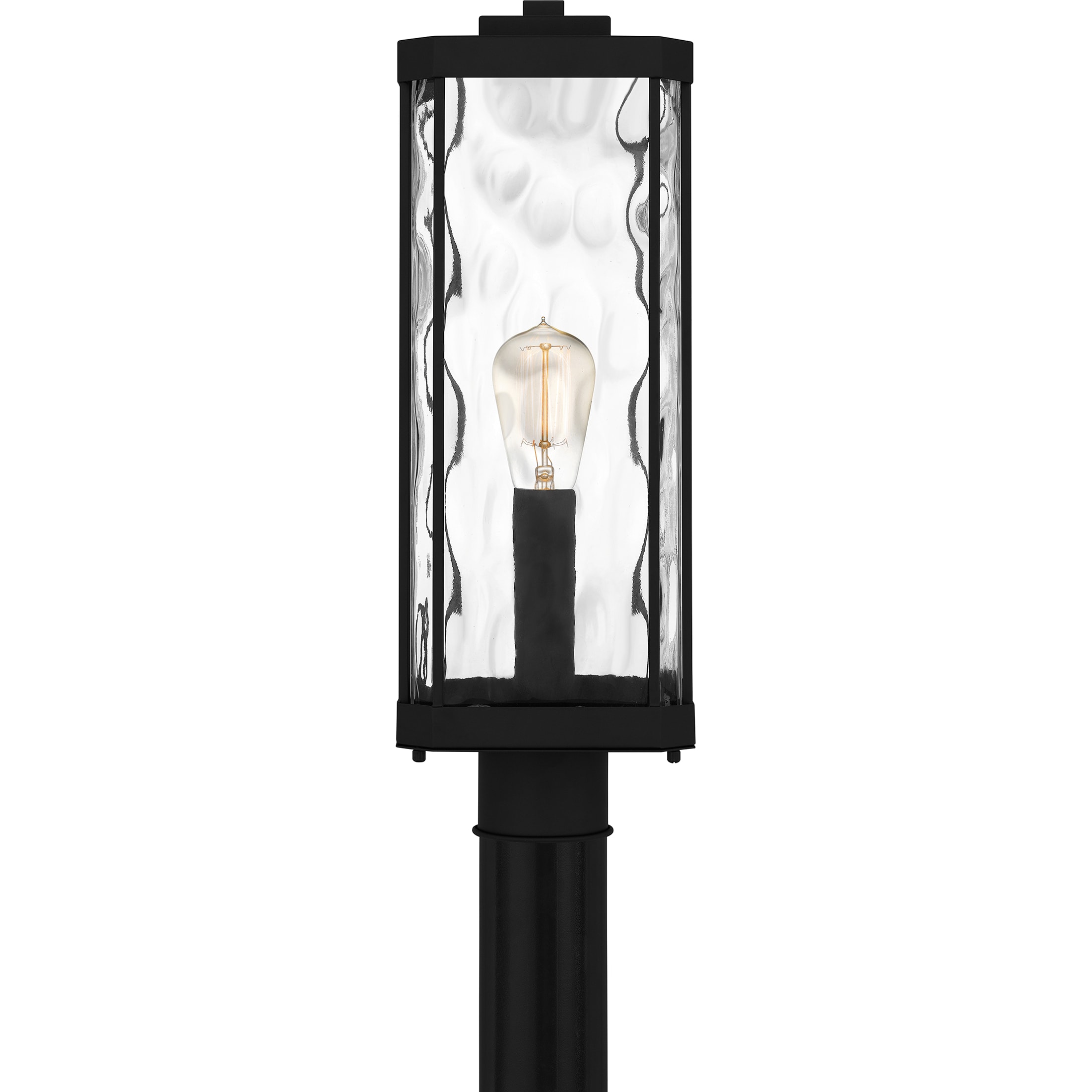 Matte Black Steel Outdoor Post Lantern with Clear Hammered Glass