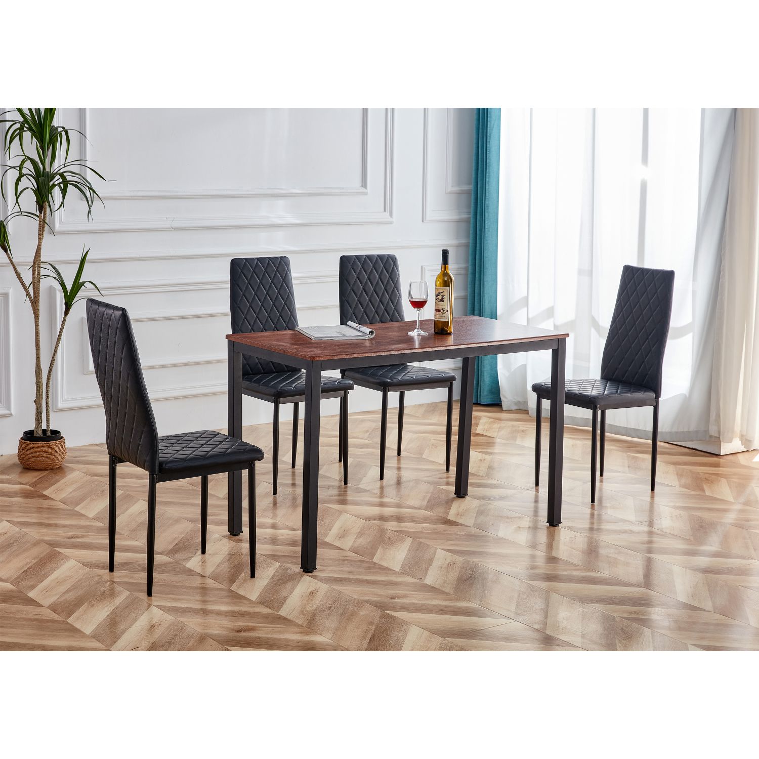 JASMODER W854S00003 Retro Style Dining Table And Chair Hotel Dining Table And Chair Conference Chair Outdoor Activity Chair PU Leather High Elastic Fireproof Sponge Dining Table And Chair 5-Piece Set(Dark Coffee+Black)