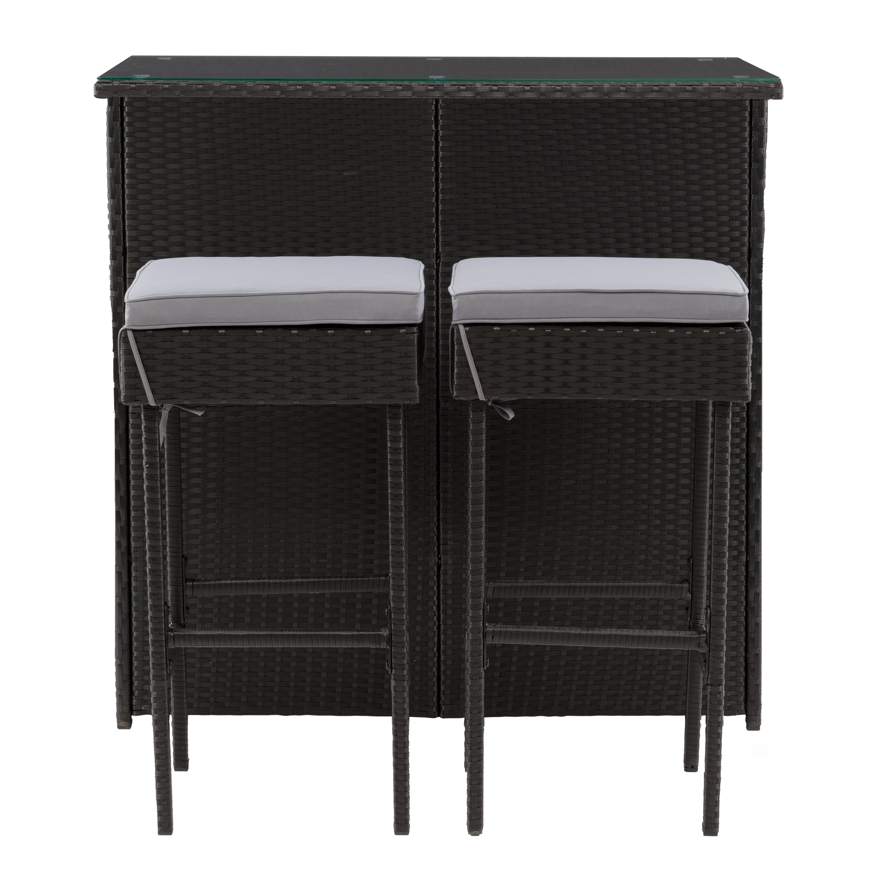 Parksville Black Resin Wicker and Steel Patio Bar Set with Grey Cushions