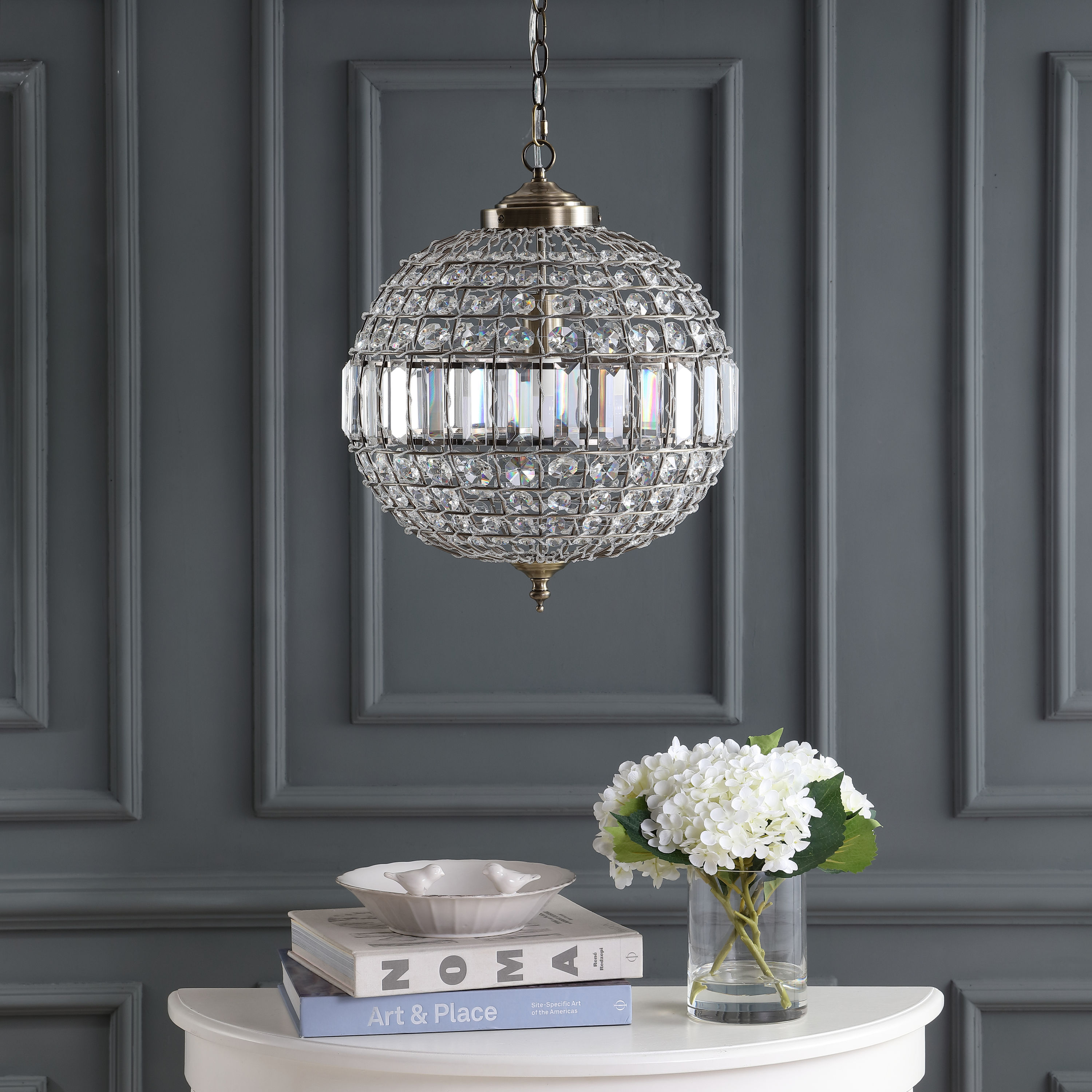 Georgina 16" Antique Brass Crystal LED Drum Pendant
