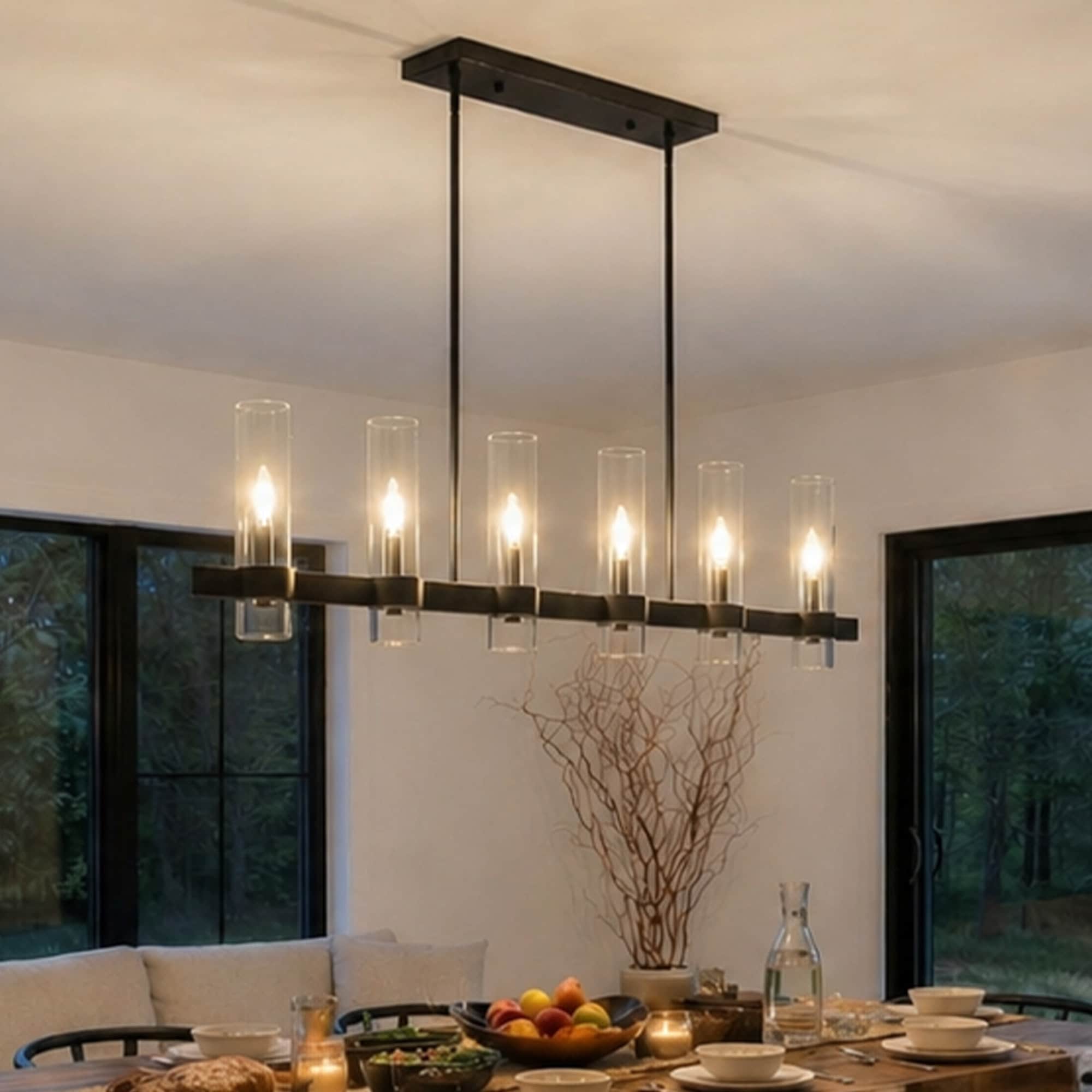 kanslol 6-Light Matte Black Linear Modern Glass Chandelier with G12 Base Adjustable Height Hanging Pendant Light for Kitchen Island Dining Room