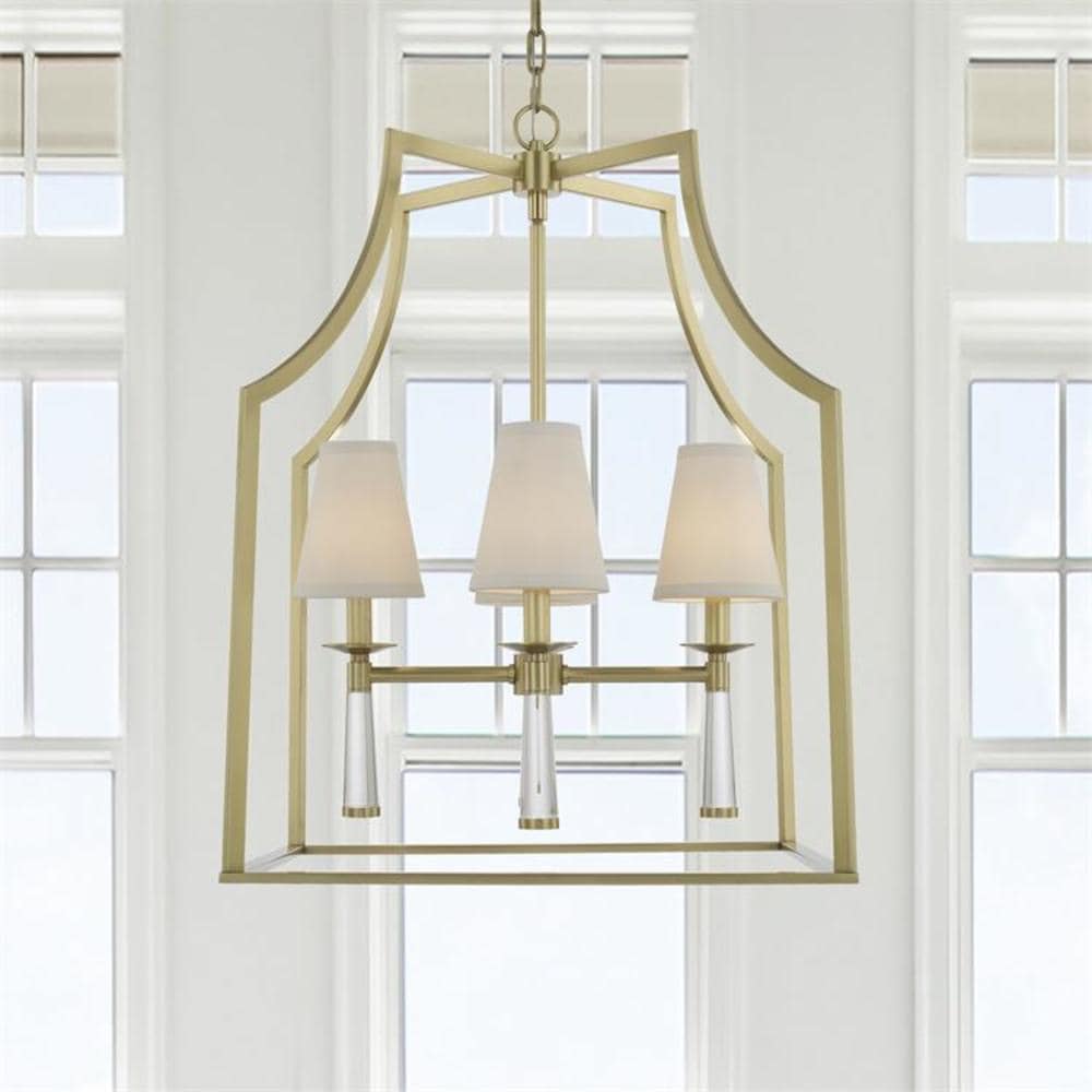 Mini Baxter Aged Brass 4-Light Chandelier with White Silk Shade