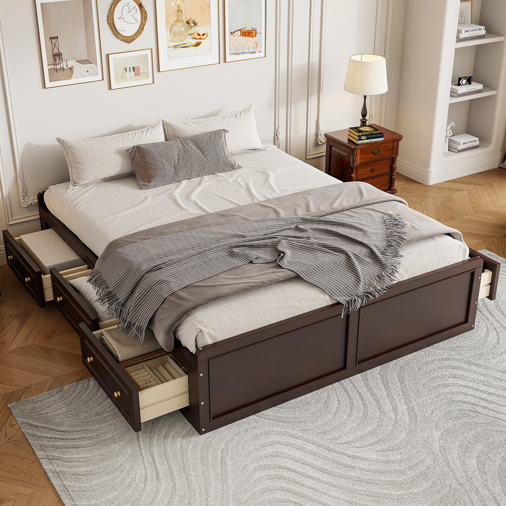 ModernLuxe N709P241723P Wood Queen Size Platform Bed Frame with 6 Drawers Espresso