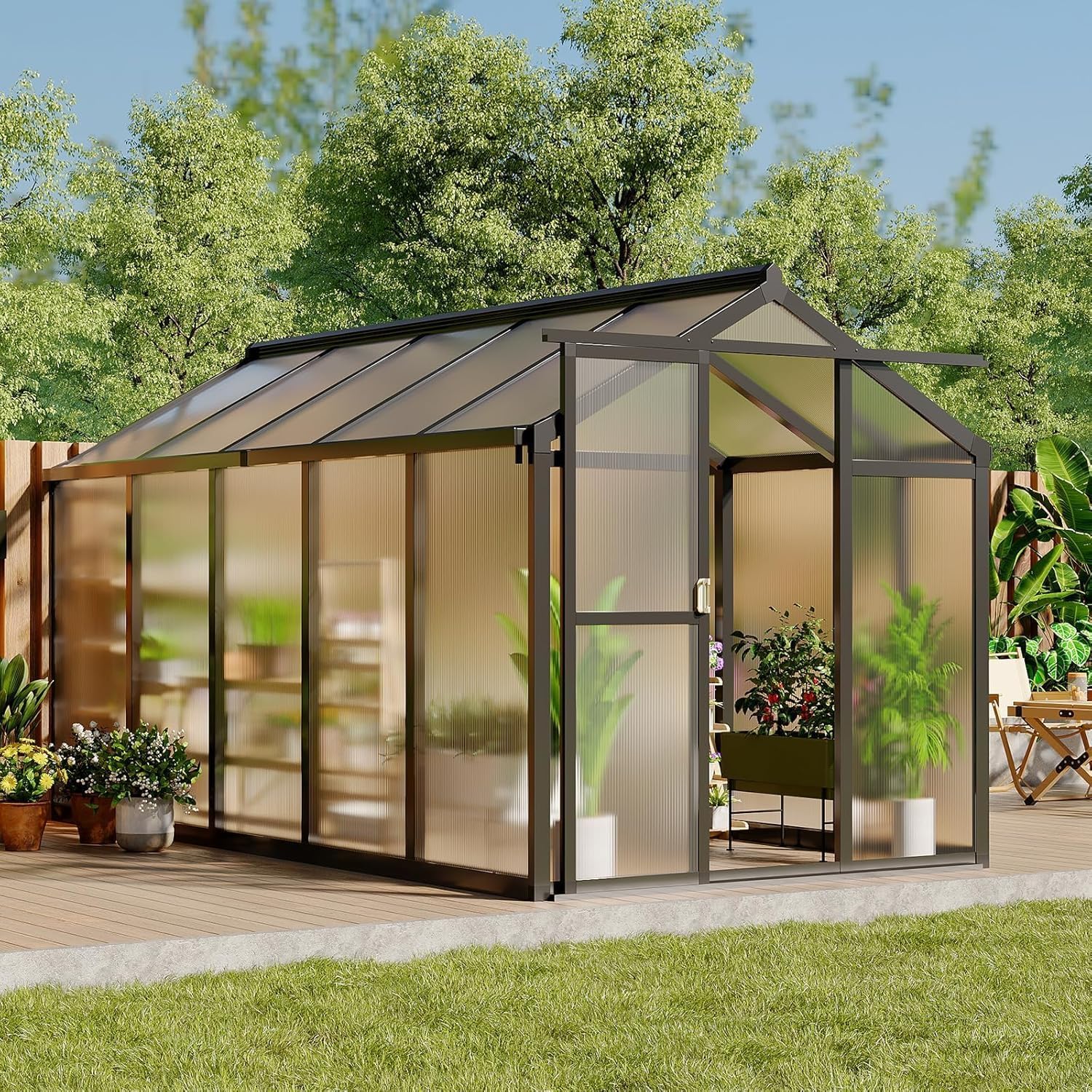 Qeetex DHZ-PHO-16HAJAT6 6 x 10 FT Greenhouse Greenhouses for Outside Polycarbonate Greenhouse with Aluminum Frame Lockable Door and Ajustable Roof Vent for Backyard Green Houses for Outside Garden Backyard Patio