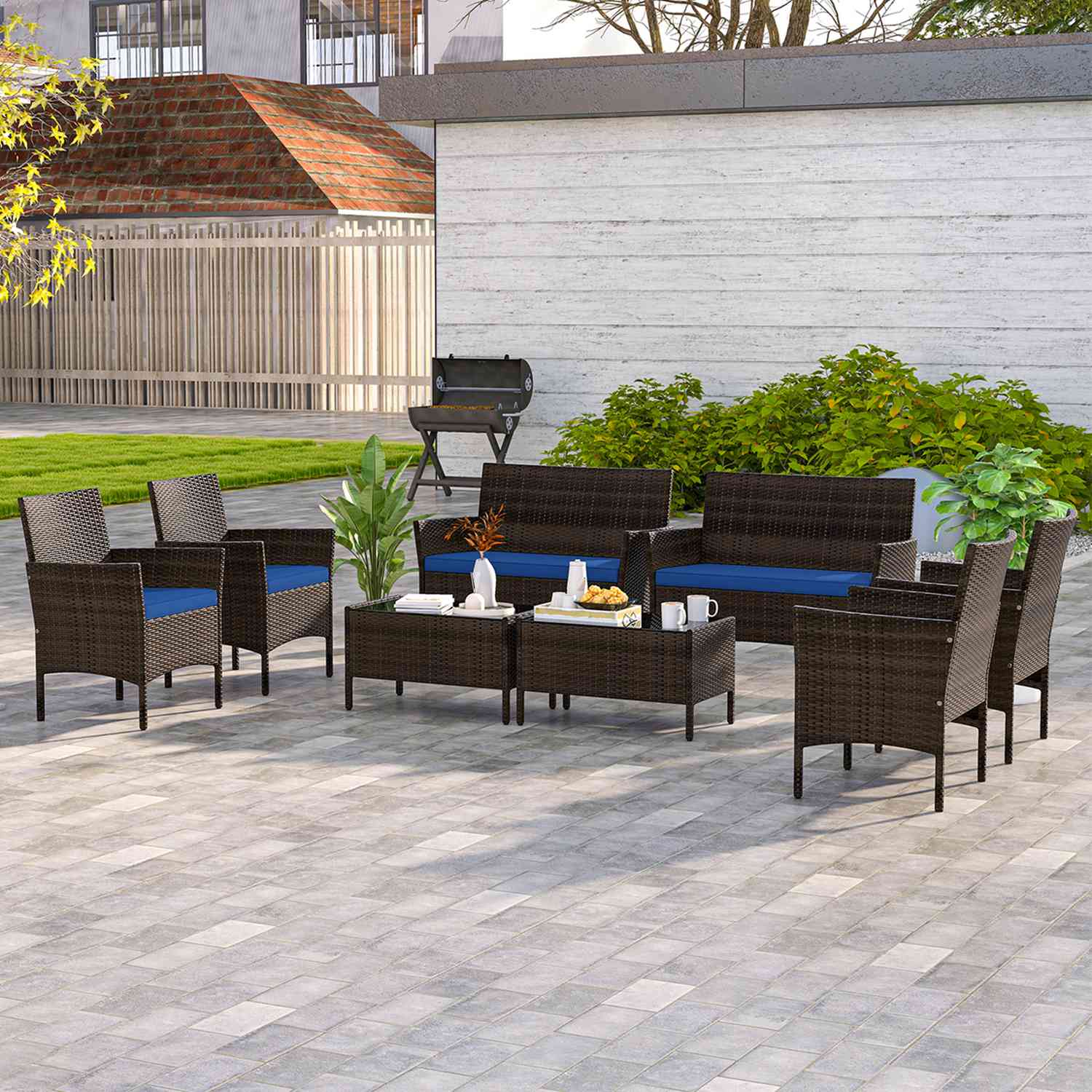 Costway HCST01438 8 PCS Patio Furniture Set with Washable Cushions and Tempered Glass Coffee Table Navy