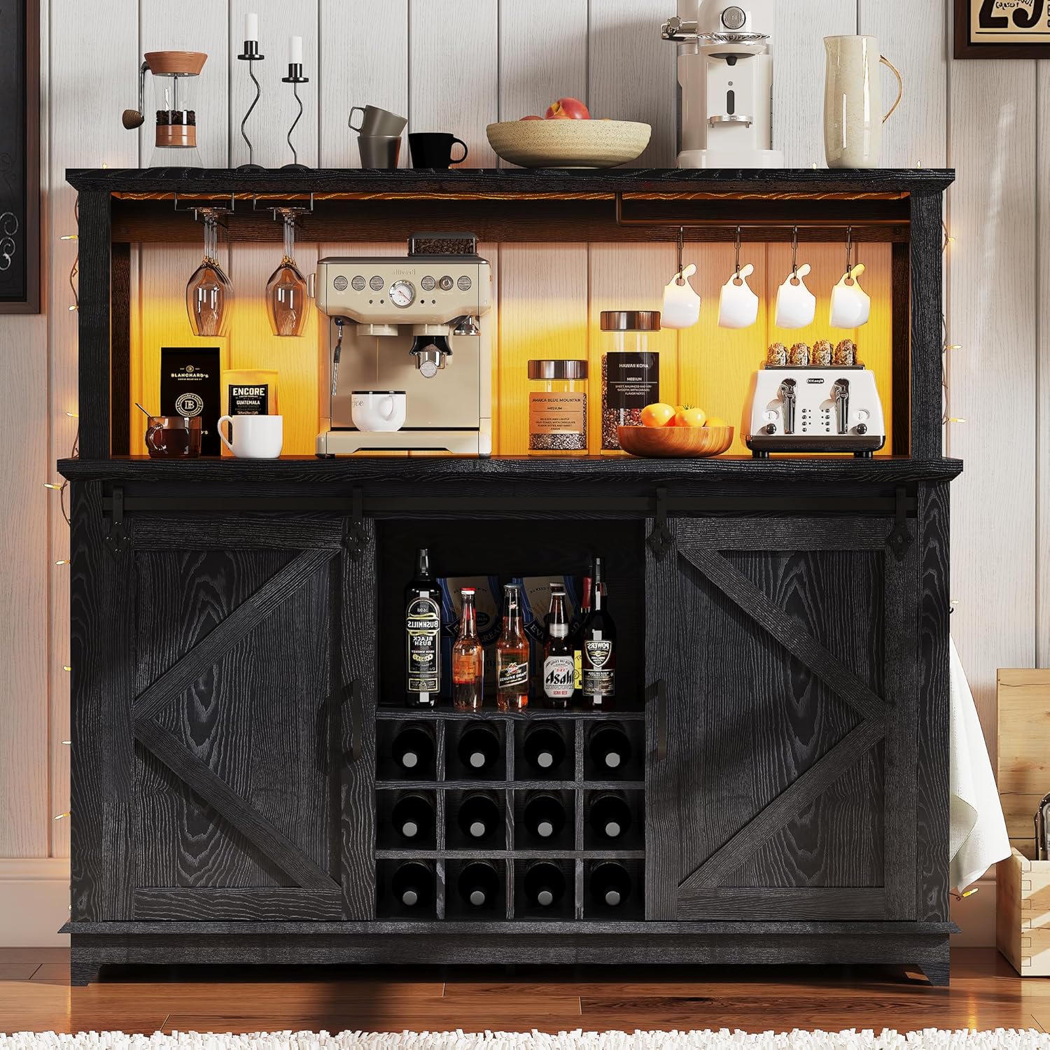 Qeetex QET-BC-CJ12 55in Coffee Bar Cabinet Power Outlet and LED Light Removable 12Bottle Wine Rack Sliding Barn Door Buffet Cabinet for Home 2-Tier Coffee Bar Farmhouse Bar Cabinet for Kitchen Dining Living Room