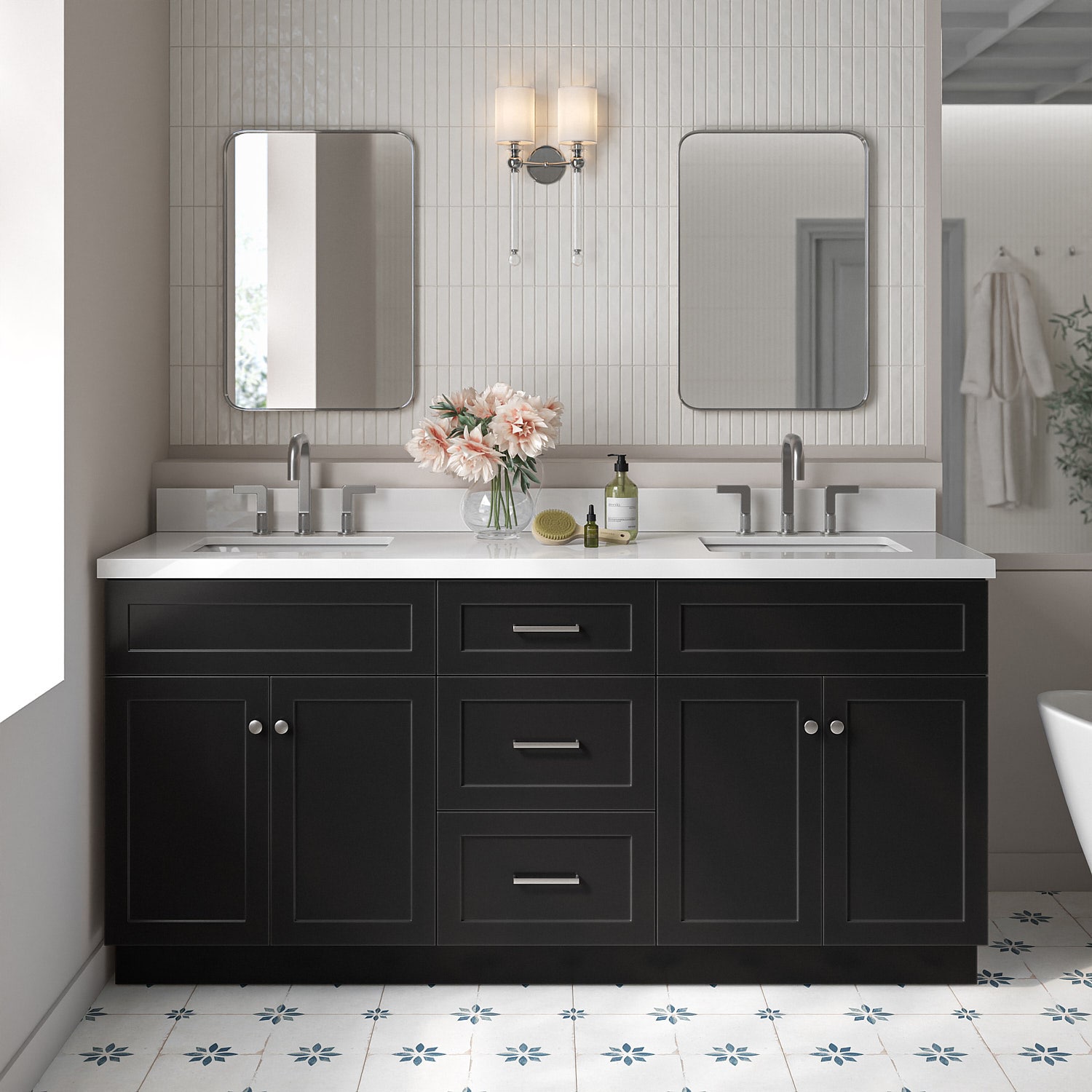 ARIEL F073D-WQ-VO-BLK Hamlet 73-in Black Undermount Double sink Bathroom Vanity with Pure White Quartz Quartz Top
