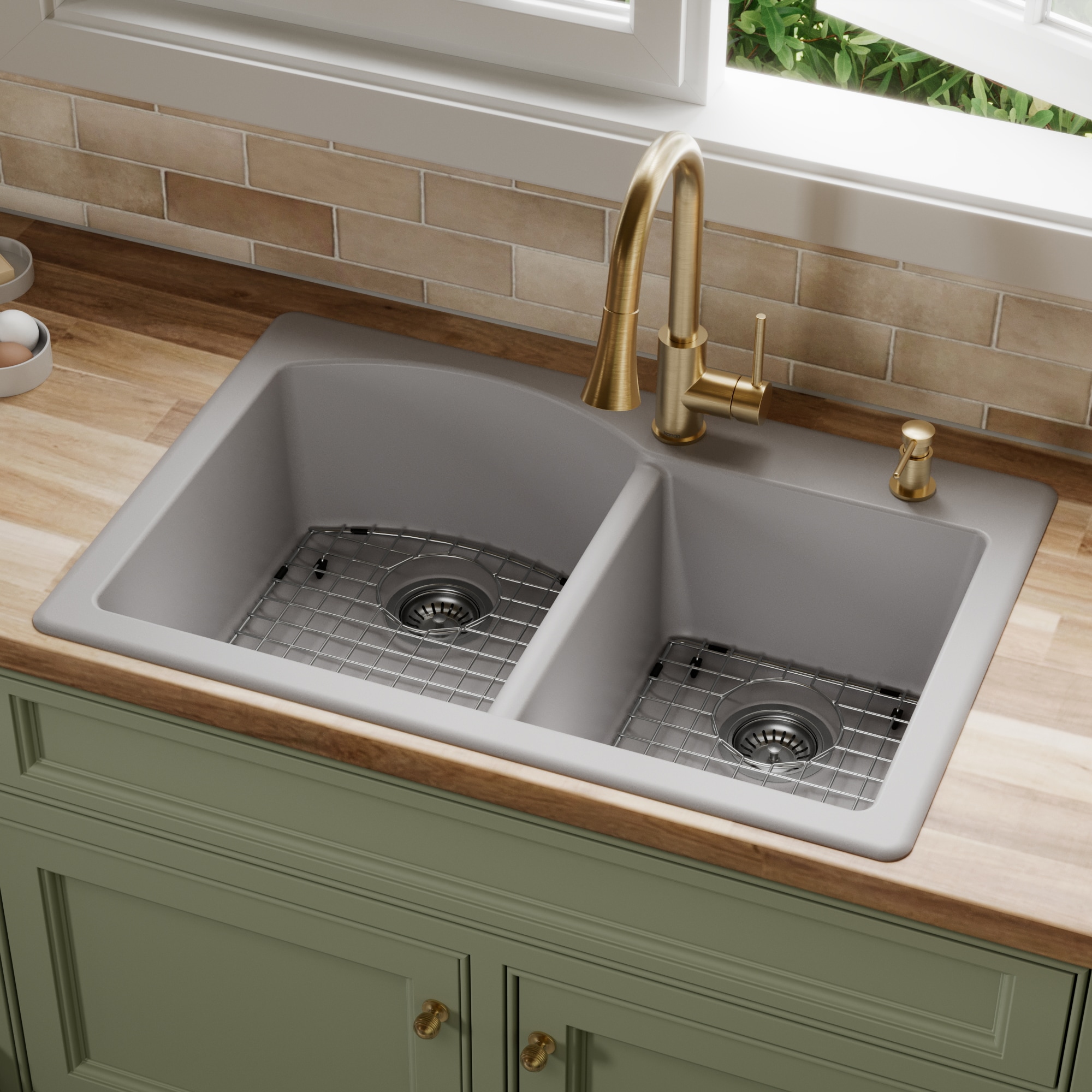 Karran Drop-in or undermount 33-in x 22-in Quartz Double offset bowl Kitchen Sink