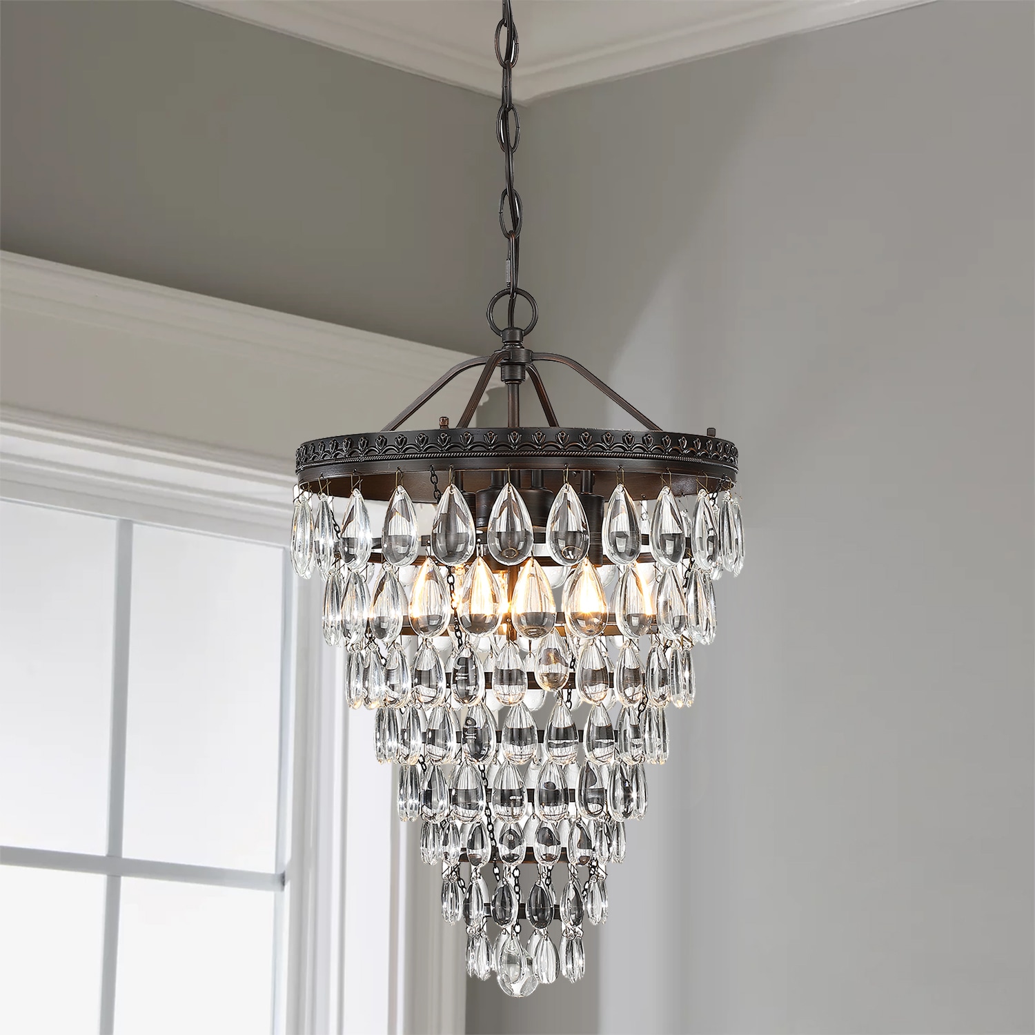 Black Crystal Tiered Pendant Chandelier with Glass Accents