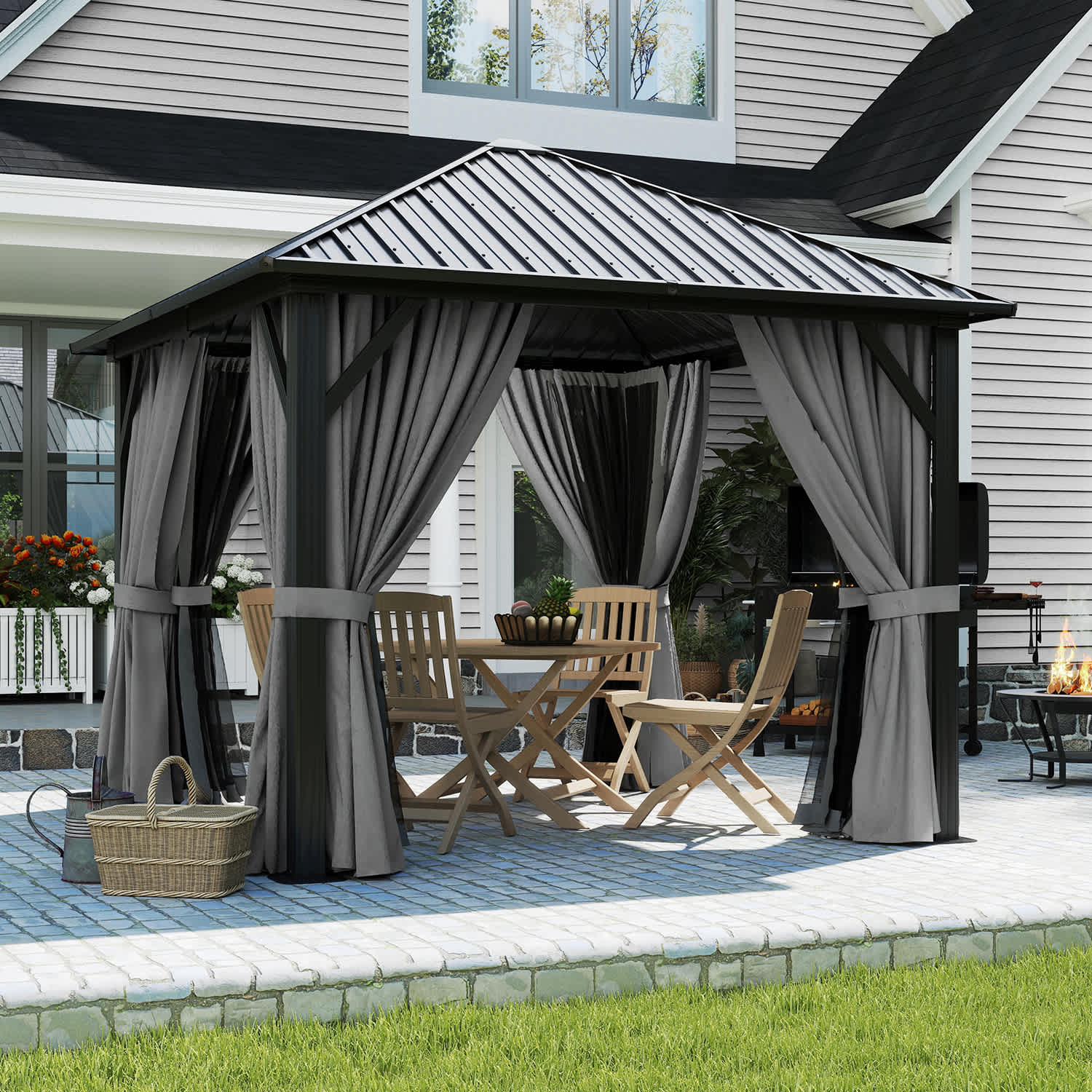 Sunmthink GBSM23G38 10x10FT Hardtop Gazebo with netting and curtains featuring a sturdy aluminum frame Metal Roof Designed for Garden Lawns Patio Gray