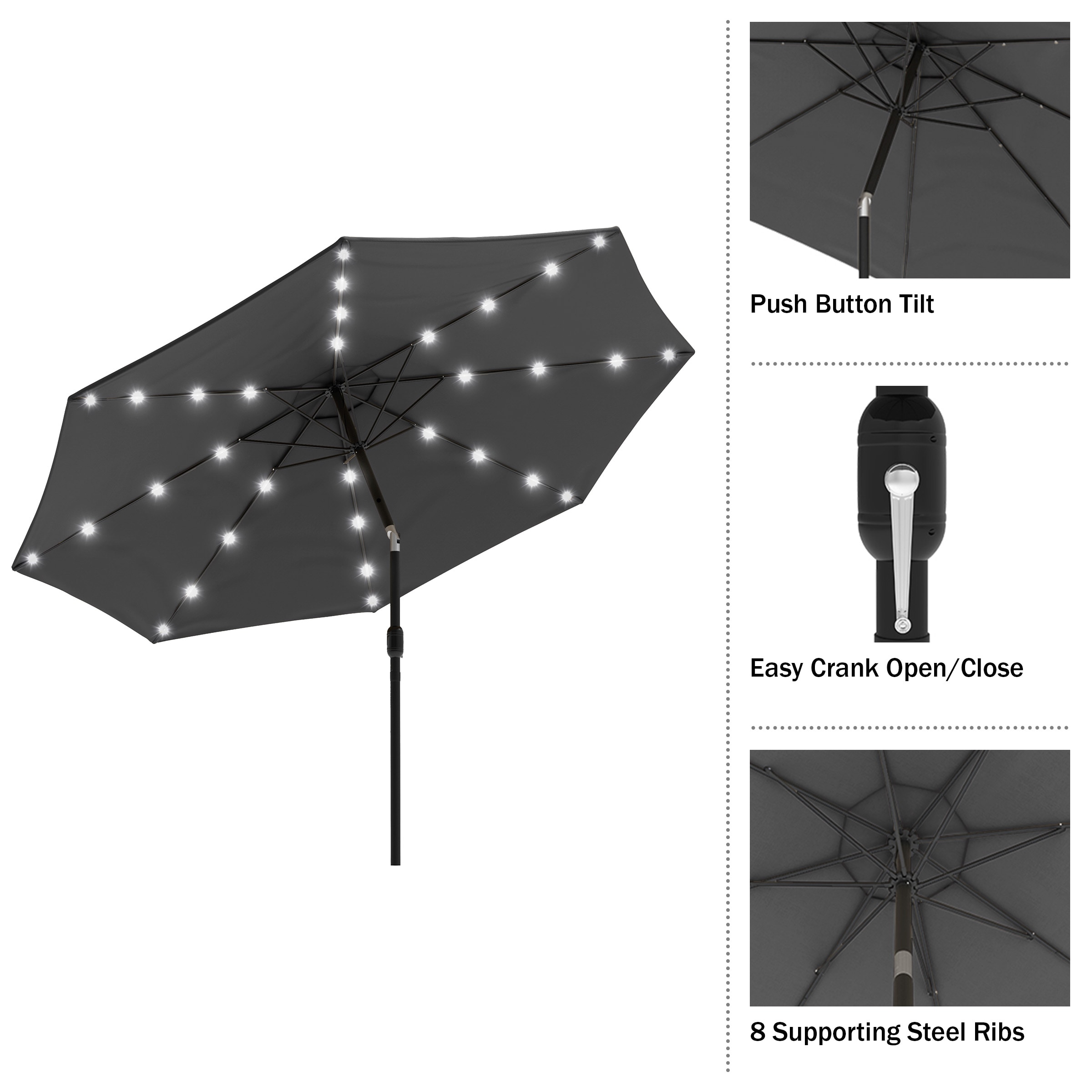 Gray 10-Foot Steel Patio Umbrella with Solar LED Lights