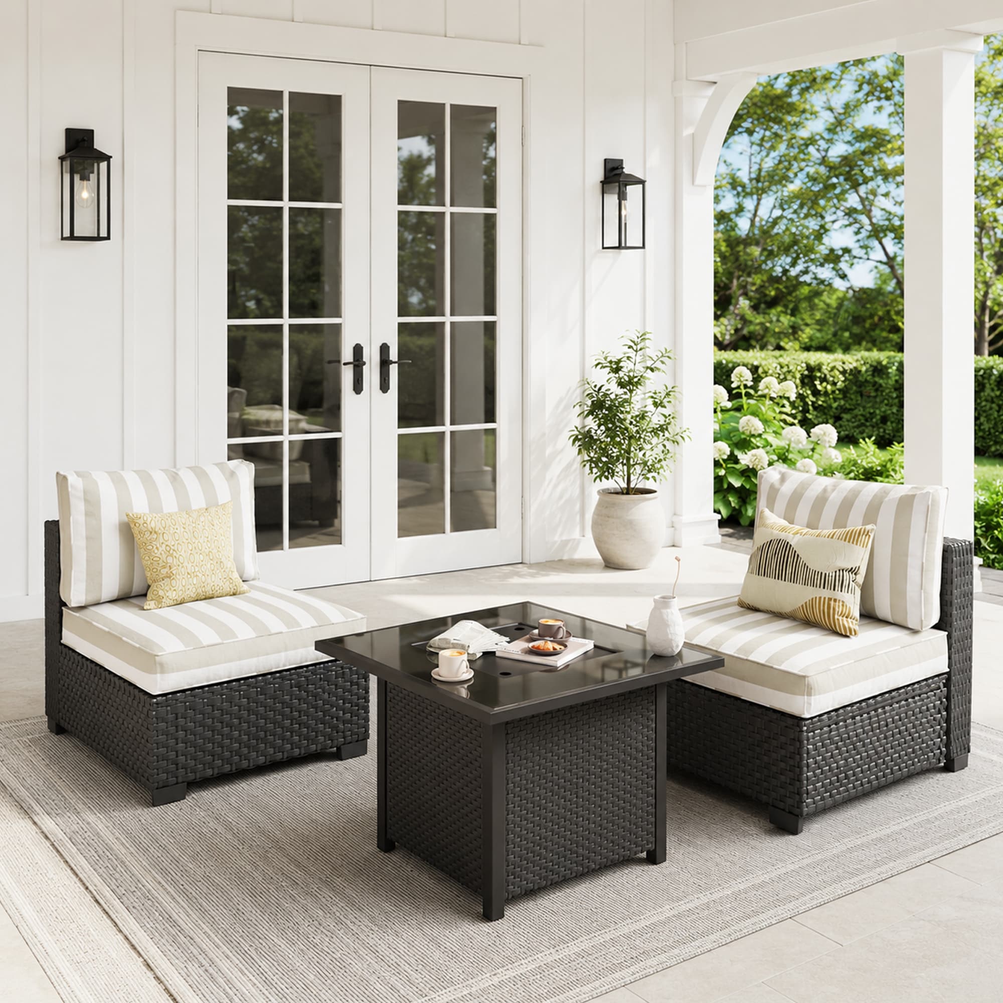 HYALON 2-Piece Wicker Outdoor Patio Conversation Sectional Seating Set with Middle Chairs and Striped Brown Cushions