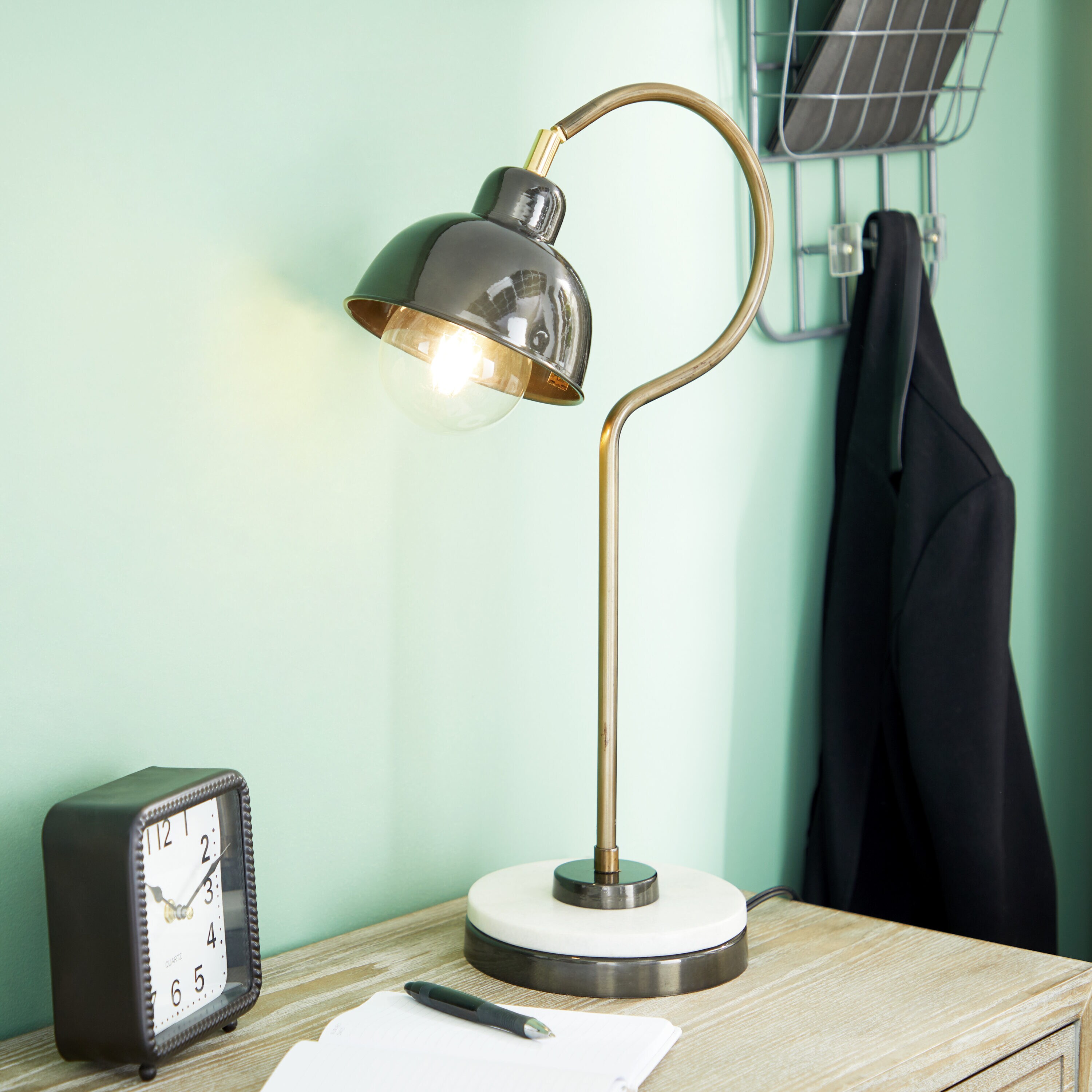 22" Black Metal Desk Lamp with Brass Accent