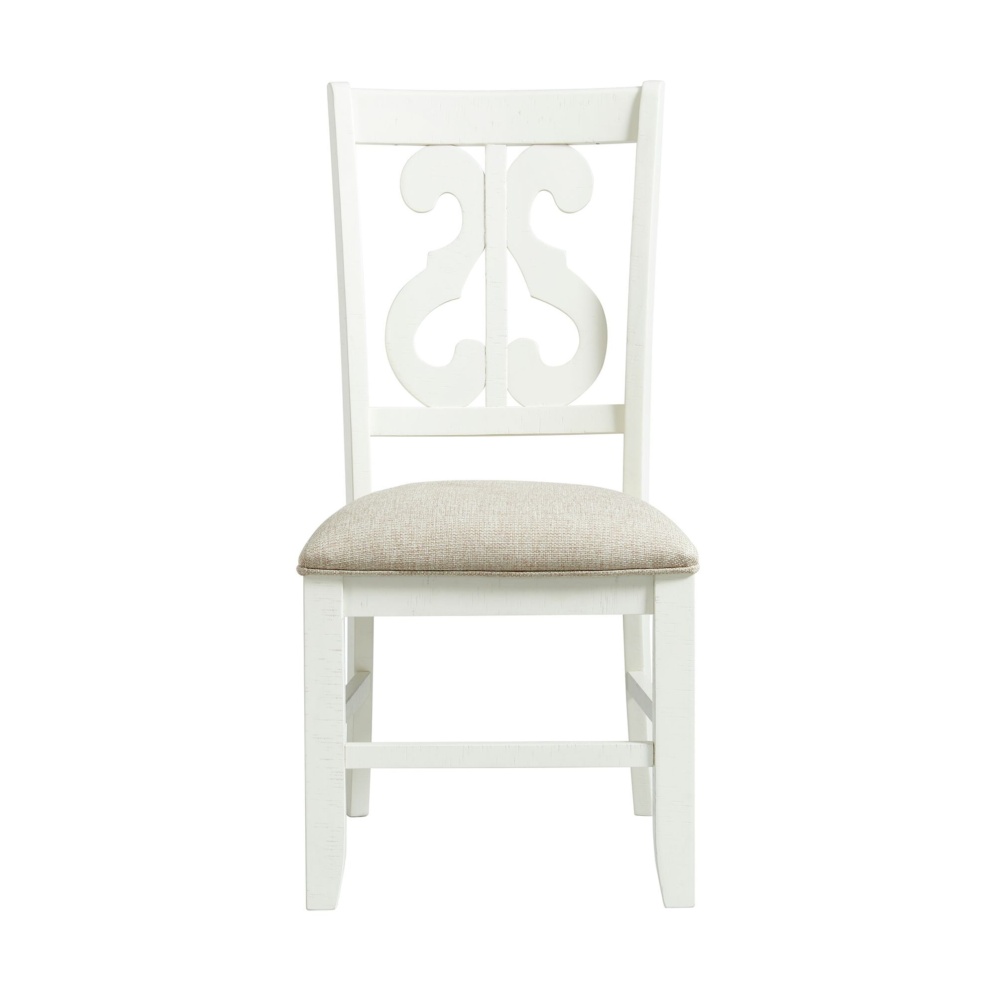 Elegant White Wooden Side Chair with Swirl Back Design and Upholstered Seat