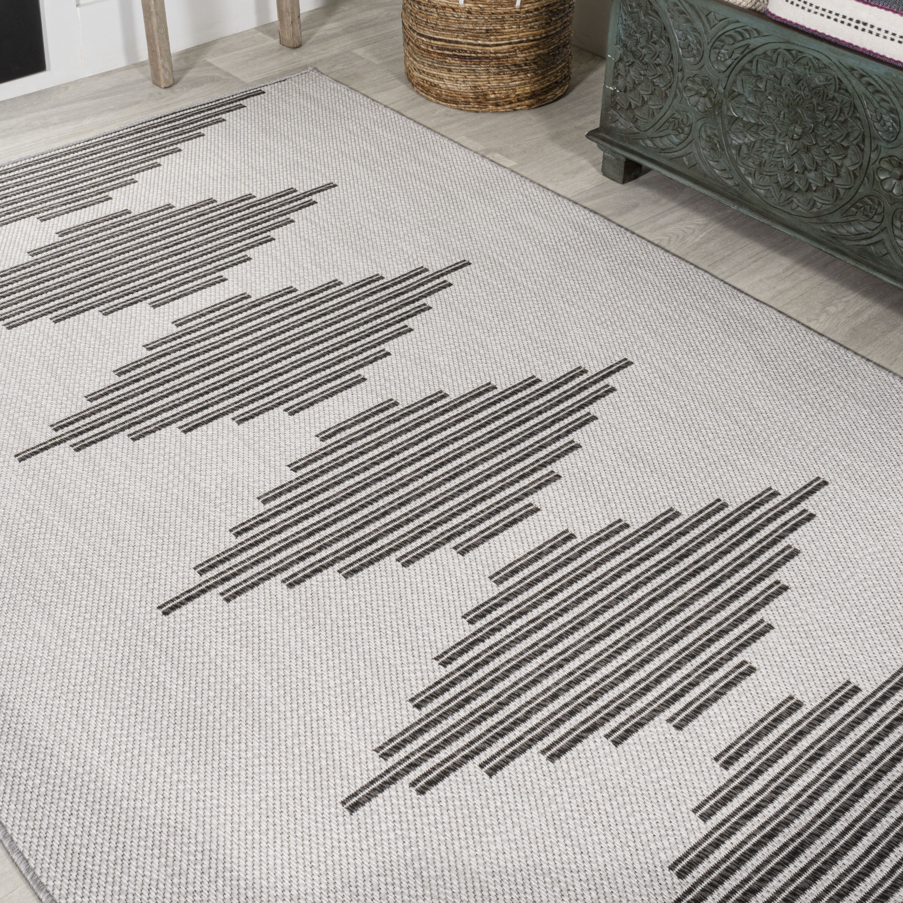 Light Gray and Black Synthetic Stripe Indoor/Outdoor Rug
