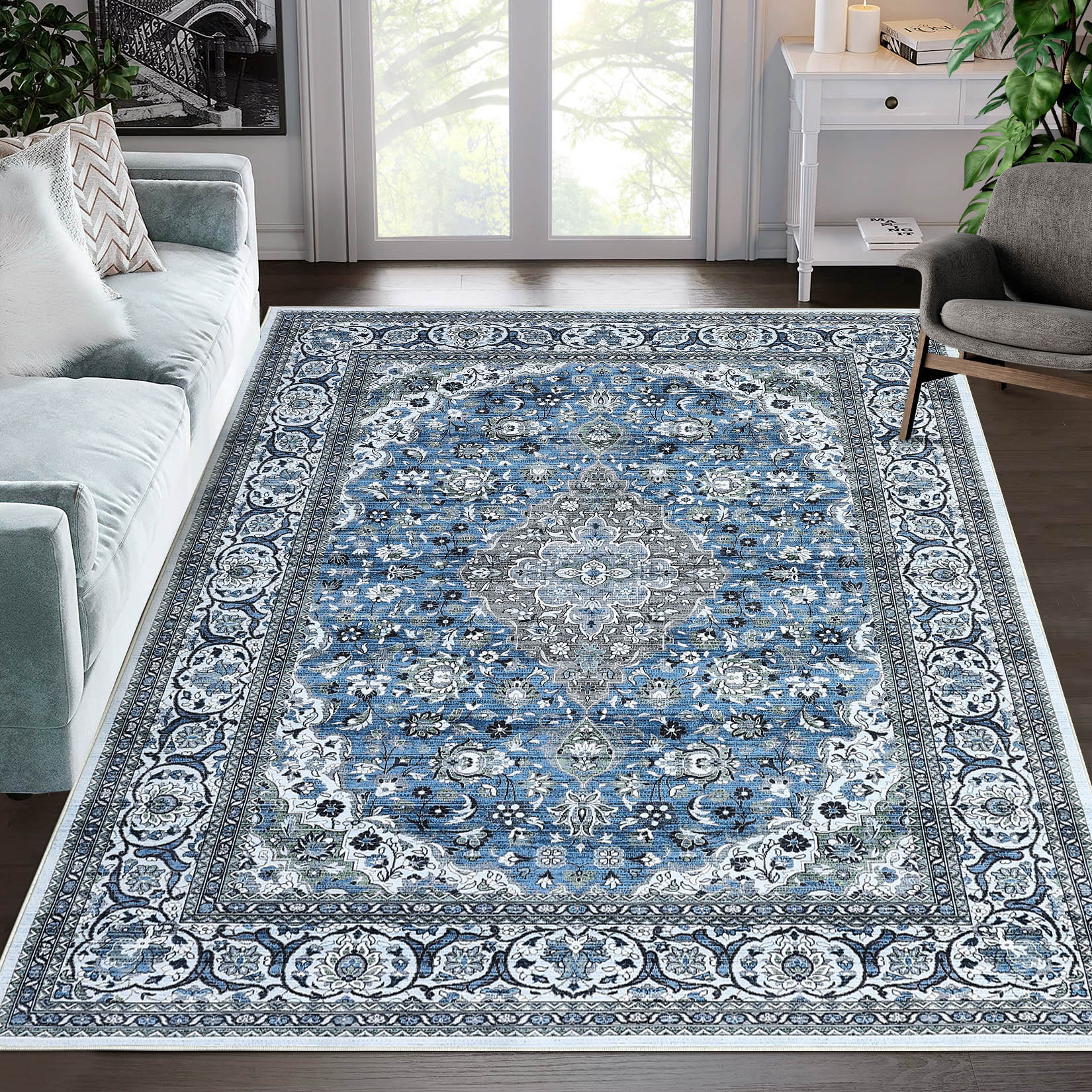 Garvee YXY-LO-PHO-0YNIVGX8 4 x 6 (ft) Loomed Polyester Blue Rectangular Indoor Floral/Botanical Persian Machine washable Area rug
