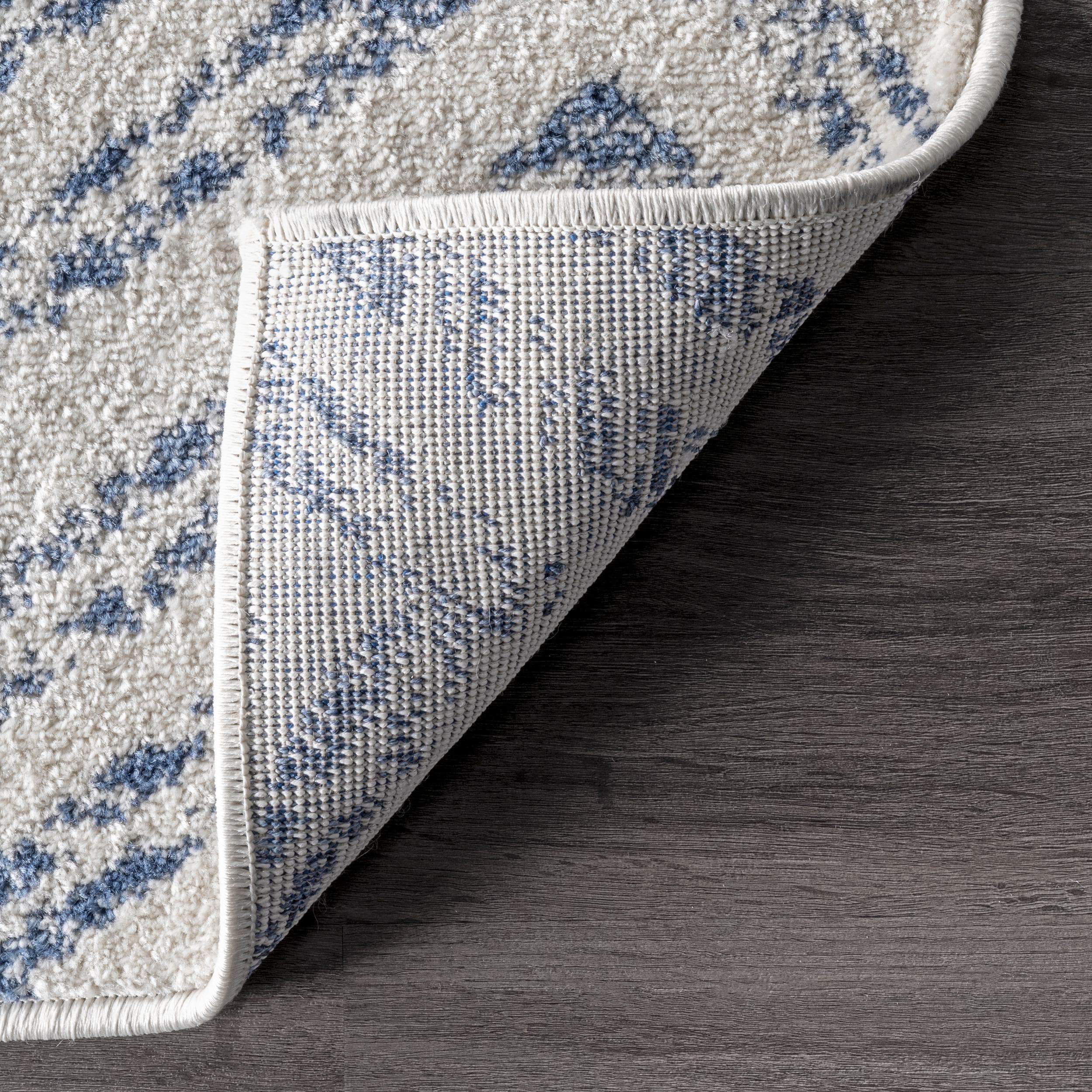 Blue and White Geometric Synthetic Runner Rug, 2'6" x 12'