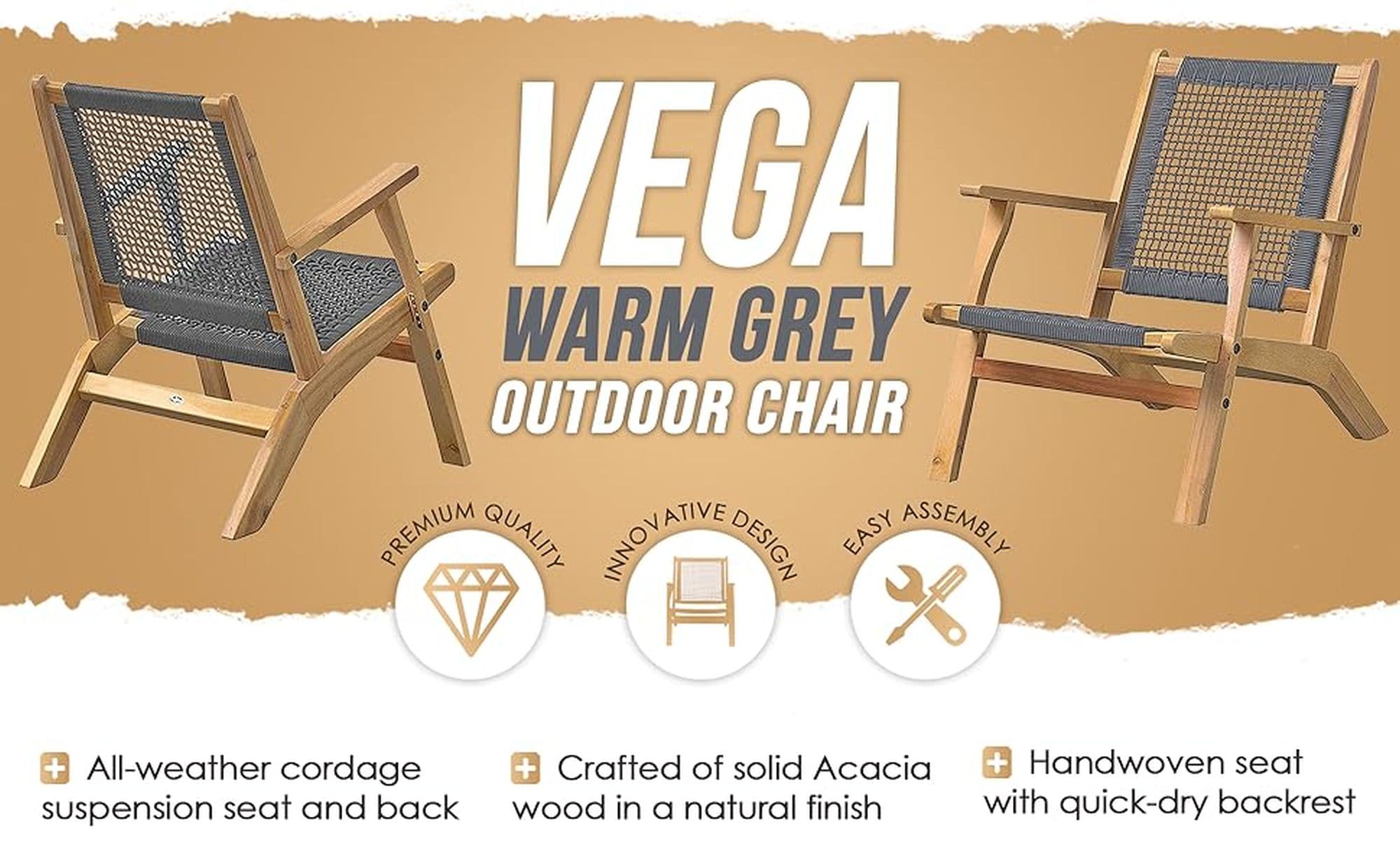 Vega Midcentury Natural Acacia Wood Outdoor Chair with Gray Cording