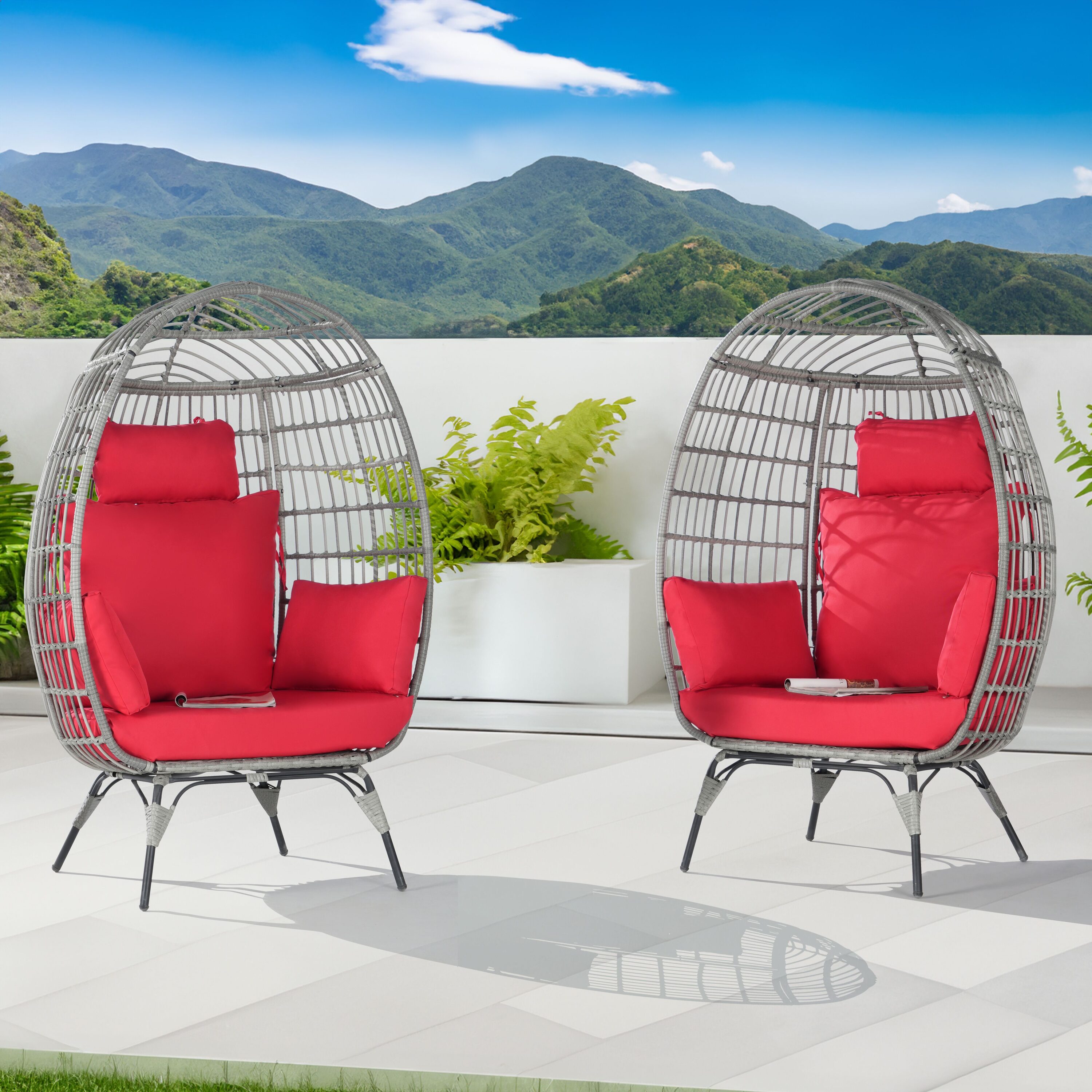 SANSTAR L-JDC67RD-AA Patio Chairs Set of 2 Wicker Gray Wicker Frame Stationary Egg Chair with Red 220gsm Polyester Cushioned Seat