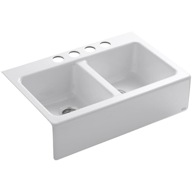 Hawthorne Undermount Farmhouse Apron Front Cast Iron 33 in. 4-Hole Double Bowl Kitchen Sink in White Hawthorne Undermount Farmhouse Apron Front Cast Iron 33 in. 4-Hole Double Bowl Kitchen Sink in White