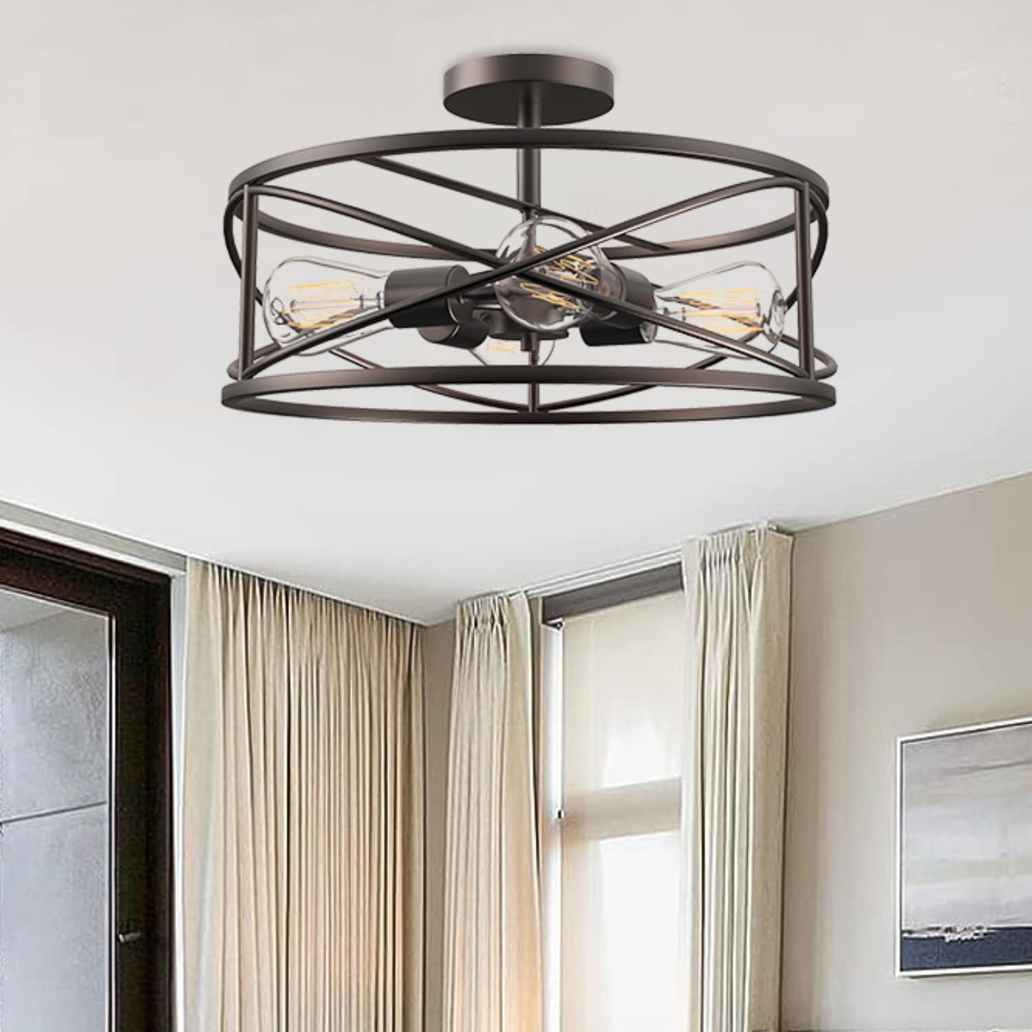Defong 17'' Oil Rubbed Bronze 4-Light Caged Drum Semi Flush Mount