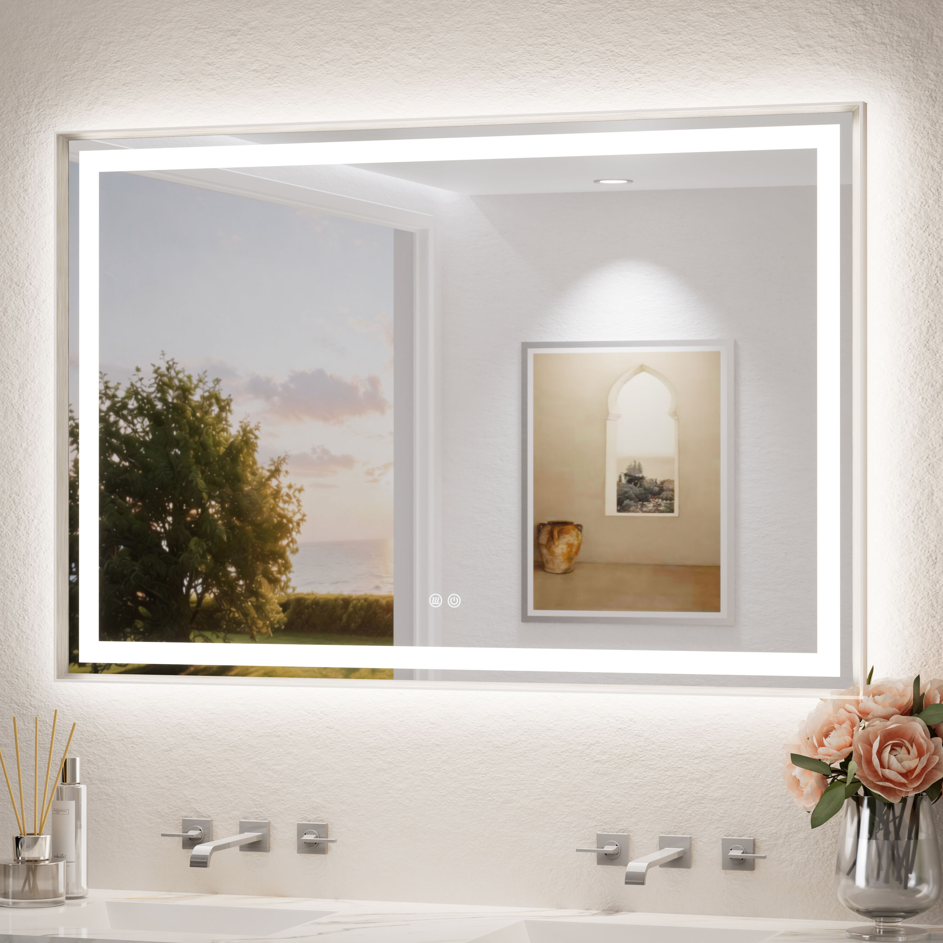 TETOTE  48x32 Inch Brushed Nickel Rectangular Framed Wall LED Bathroom Vanity Mirror with Frontlit and Backlit