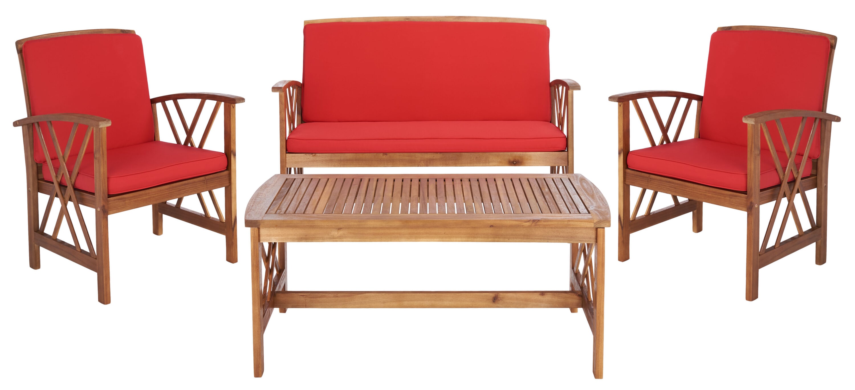 Fontana Natural Acacia Wood 4-Piece Outdoor Set with Red Cushions