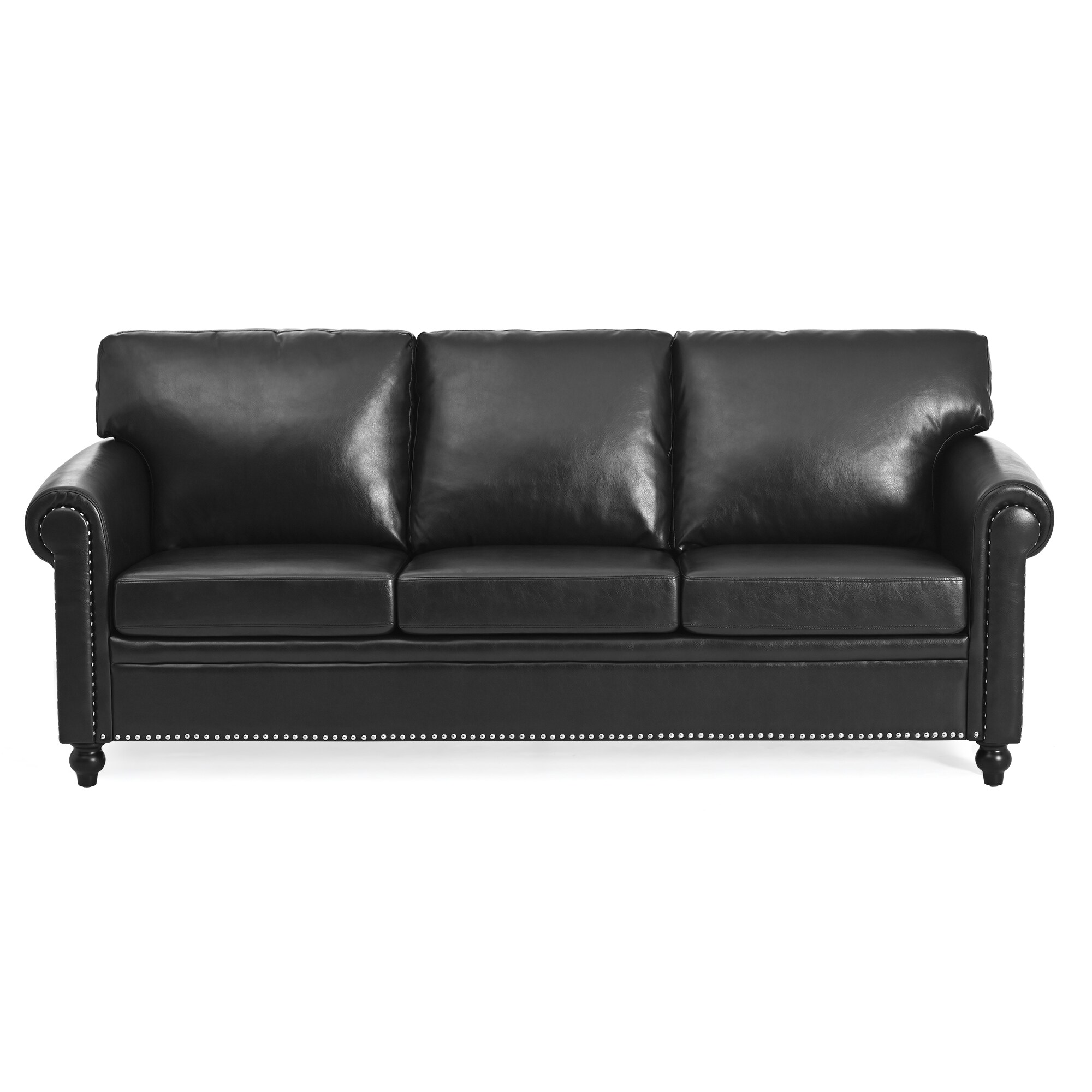 SINOFURN - 83.9-in W Modern Black Faux leather 3-seater Sofa
