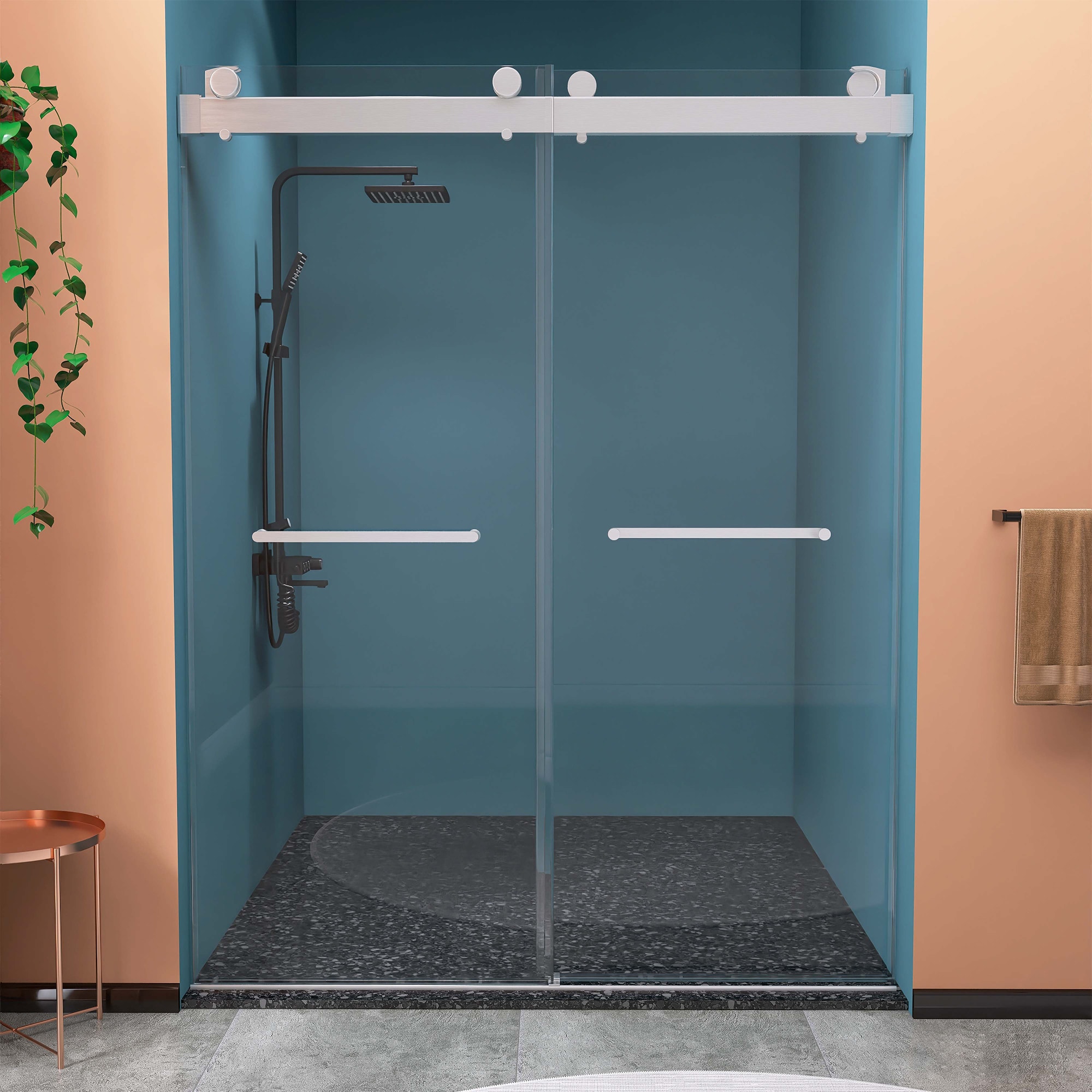 WELLFOR QPZ-TM26235 Brushed Nickel 57-in to 60-in W x 79-in H Frameless Clear Glass Bypass Sliding Soft Close Shower door
